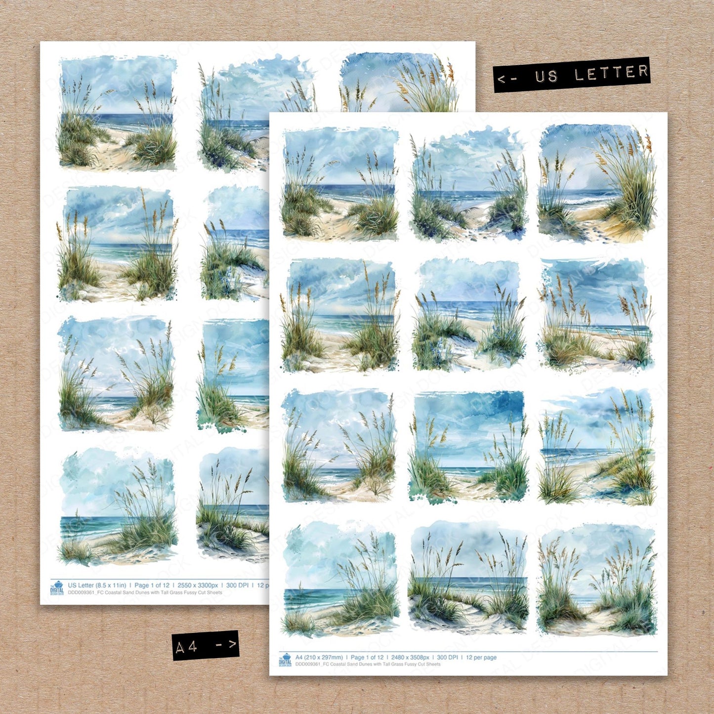 A4 and US Letter format comparison showing Coastal Sand Dunes with Tall Grass fussy cut pages for print and cut crafting
