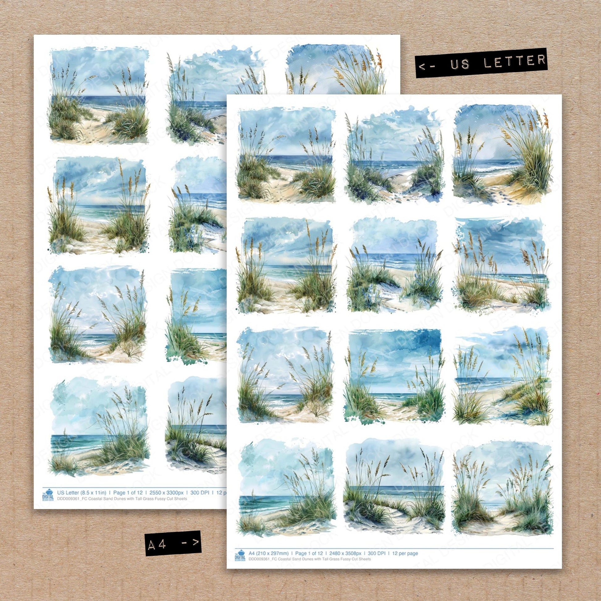 A4 and US Letter format comparison showing Coastal Sand Dunes with Tall Grass fussy cut pages for print and cut crafting