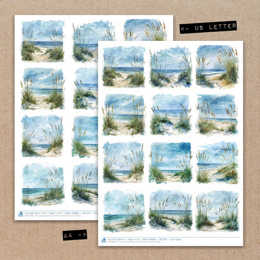 A4 and US Letter format comparison showing Coastal Sand Dunes with Tall Grass fussy cut pages for print and cut crafting