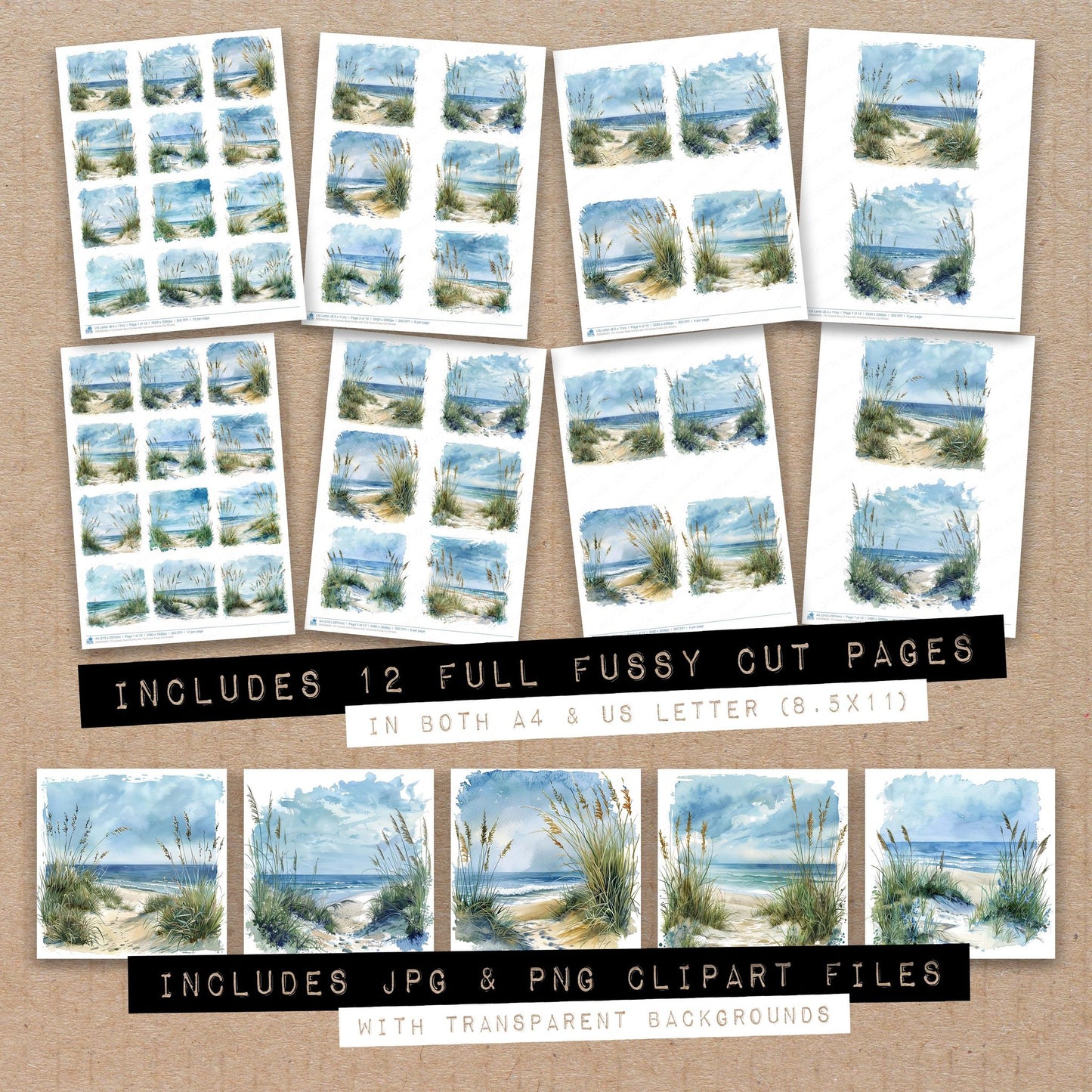 Full collection view of Coastal Sand Dunes with Tall Grass fussy cut sheets with bonus clipart JPG and PNG files