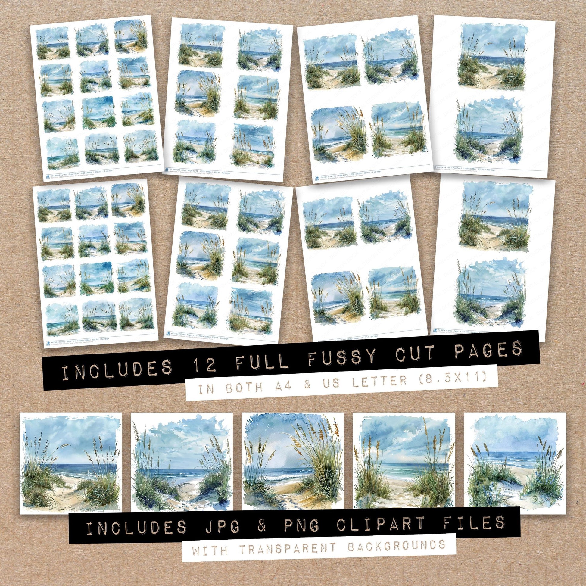 Full collection view of Coastal Sand Dunes with Tall Grass fussy cut sheets with bonus clipart JPG and PNG files