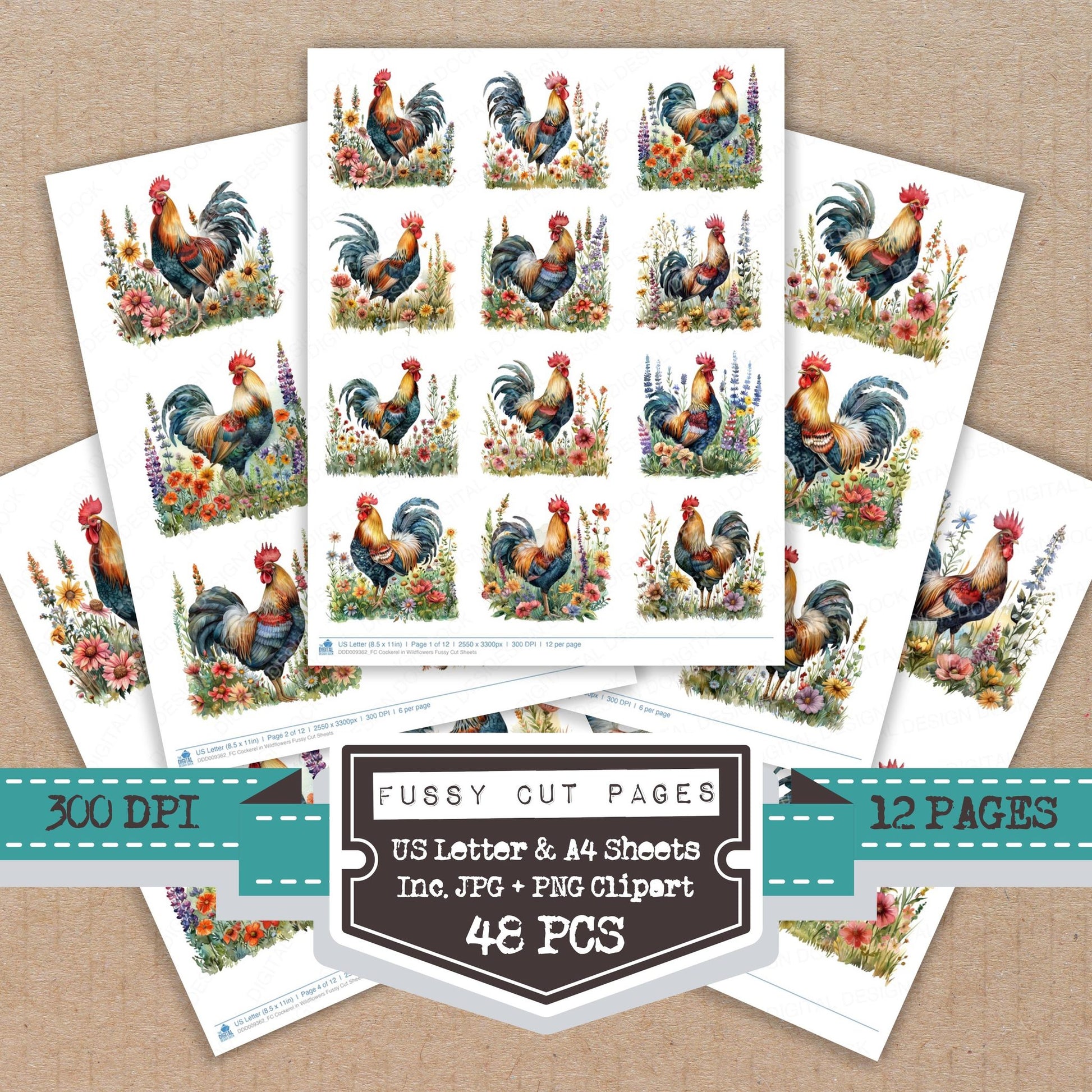 Cockerel in Wildflowers fussy cut printable sheets for junk journaling, scrapbooking, and paper craft projects