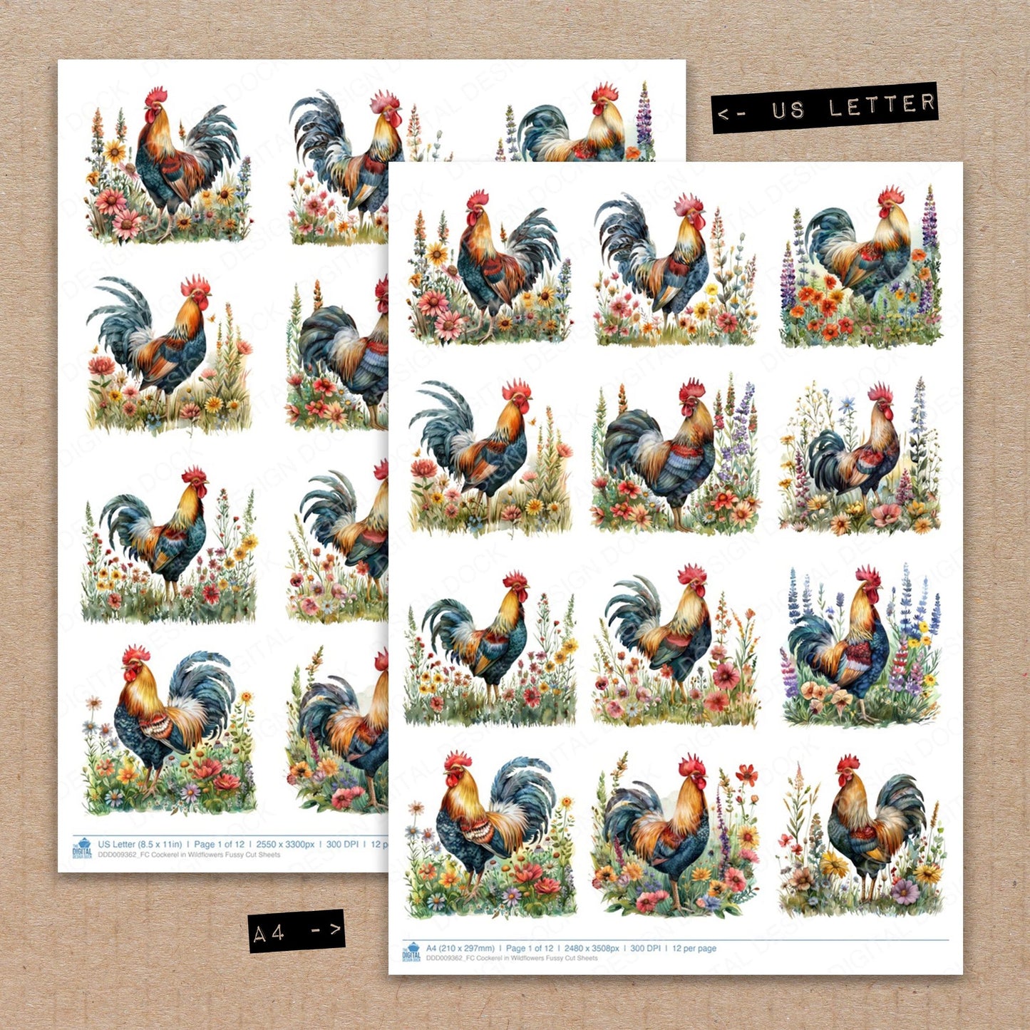 A4 and US Letter format comparison showing Cockerel in Wildflowers fussy cut pages for print and cut crafting