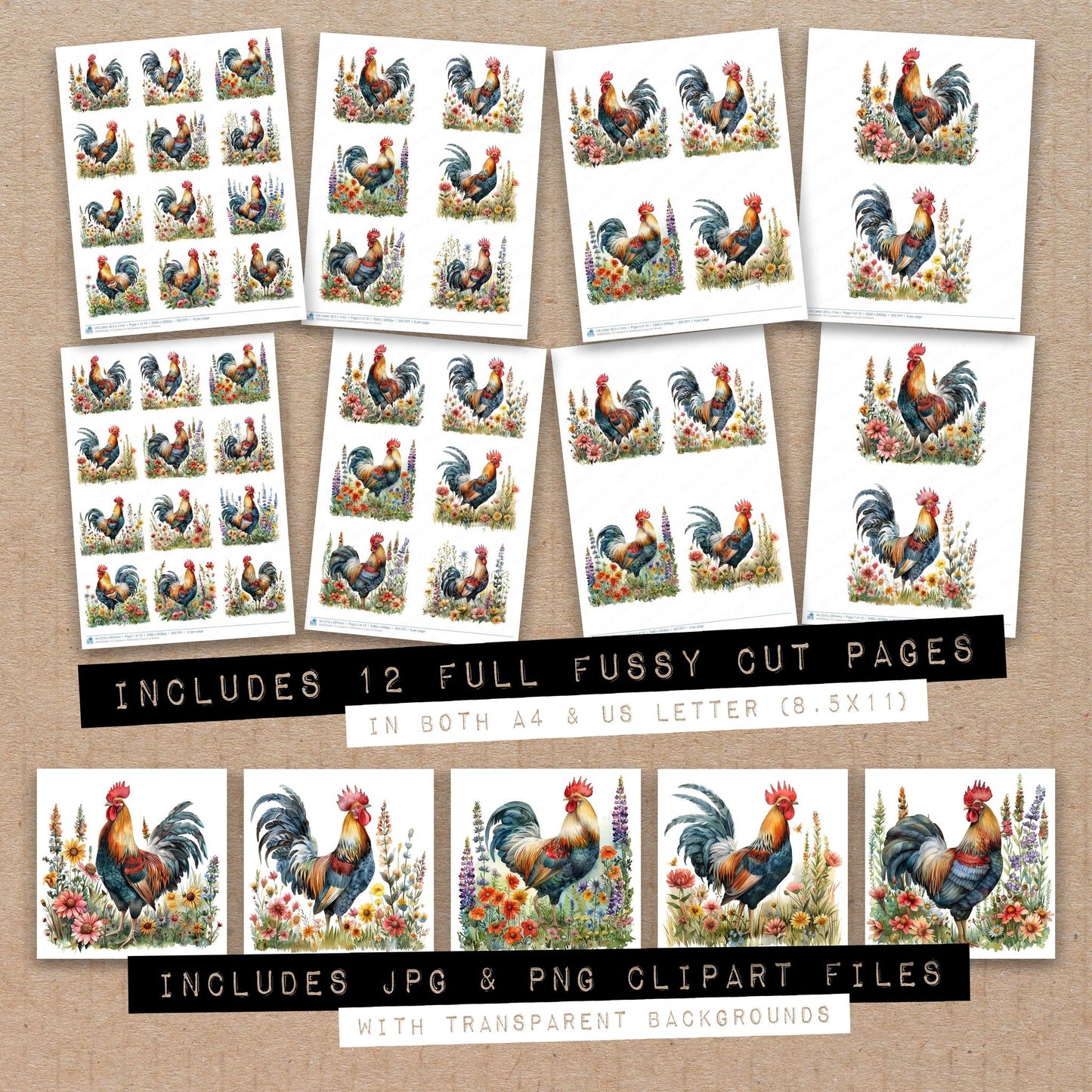 Full collection view of Cockerel in Wildflowers fussy cut sheets with bonus clipart JPG and PNG files