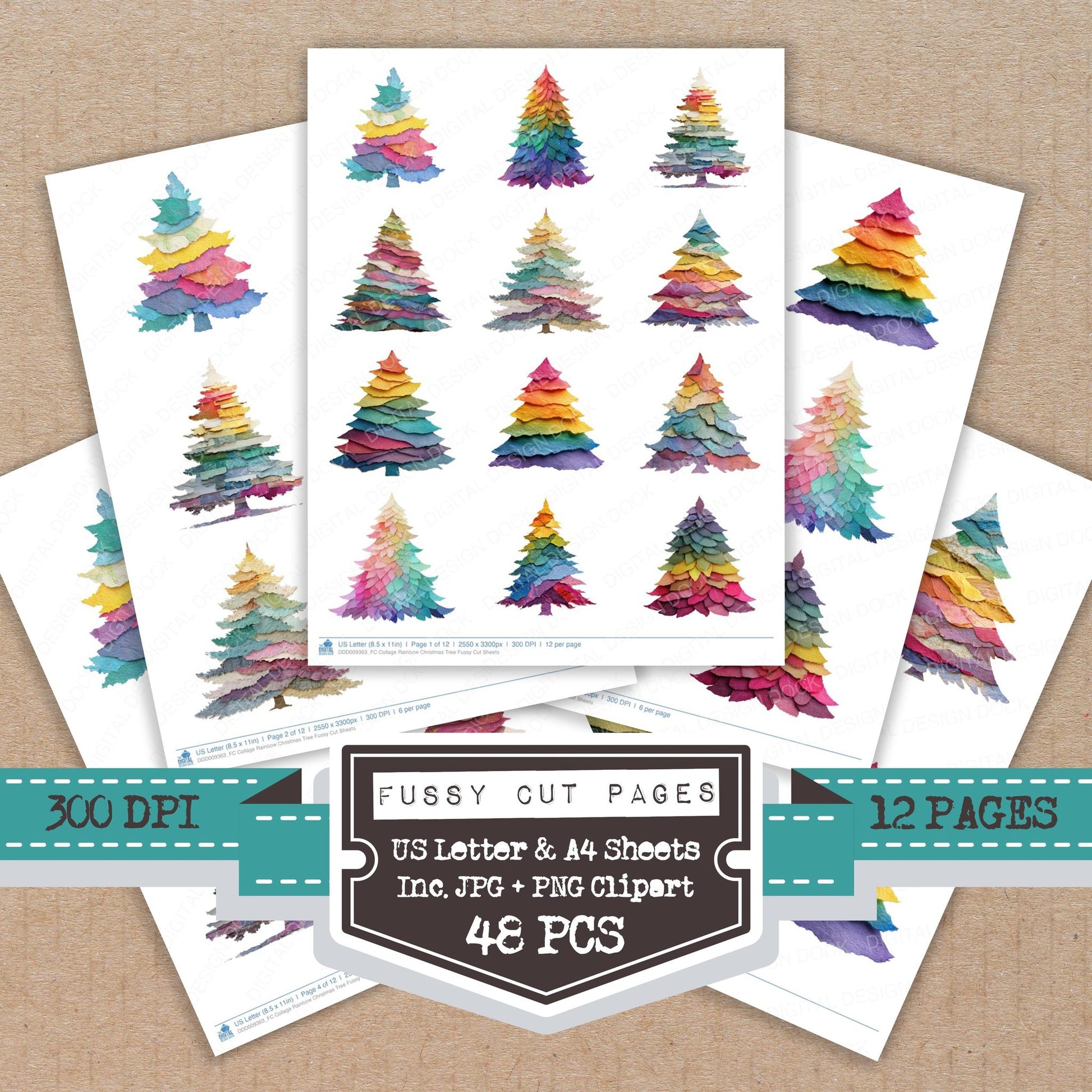 Collage Rainbow Christmas Tree fussy cut printable sheets for junk journaling, scrapbooking, and paper craft projects