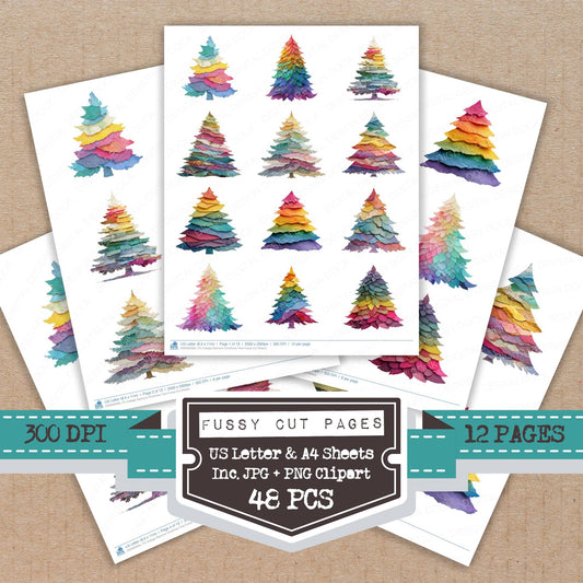 Collage Rainbow Christmas Tree fussy cut printable sheets for junk journaling, scrapbooking, and paper craft projects