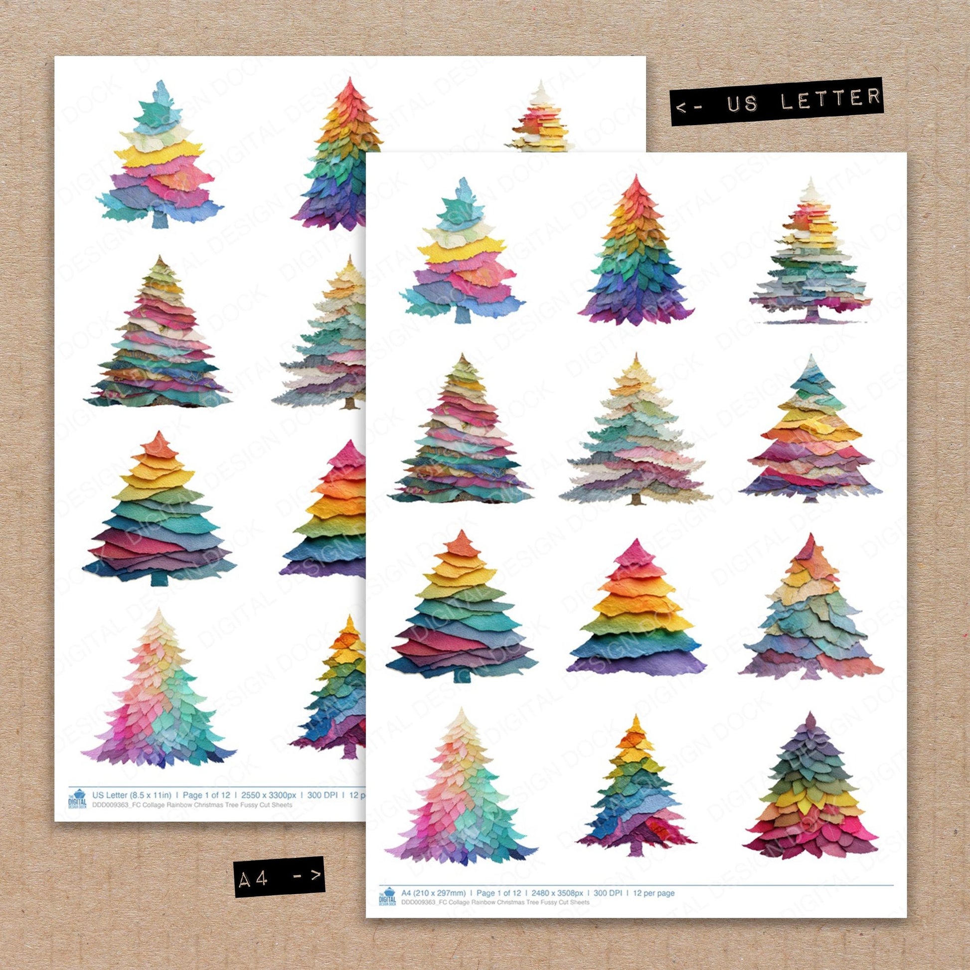 A4 and US Letter format comparison showing Collage Rainbow Christmas Tree fussy cut pages for print and cut crafting