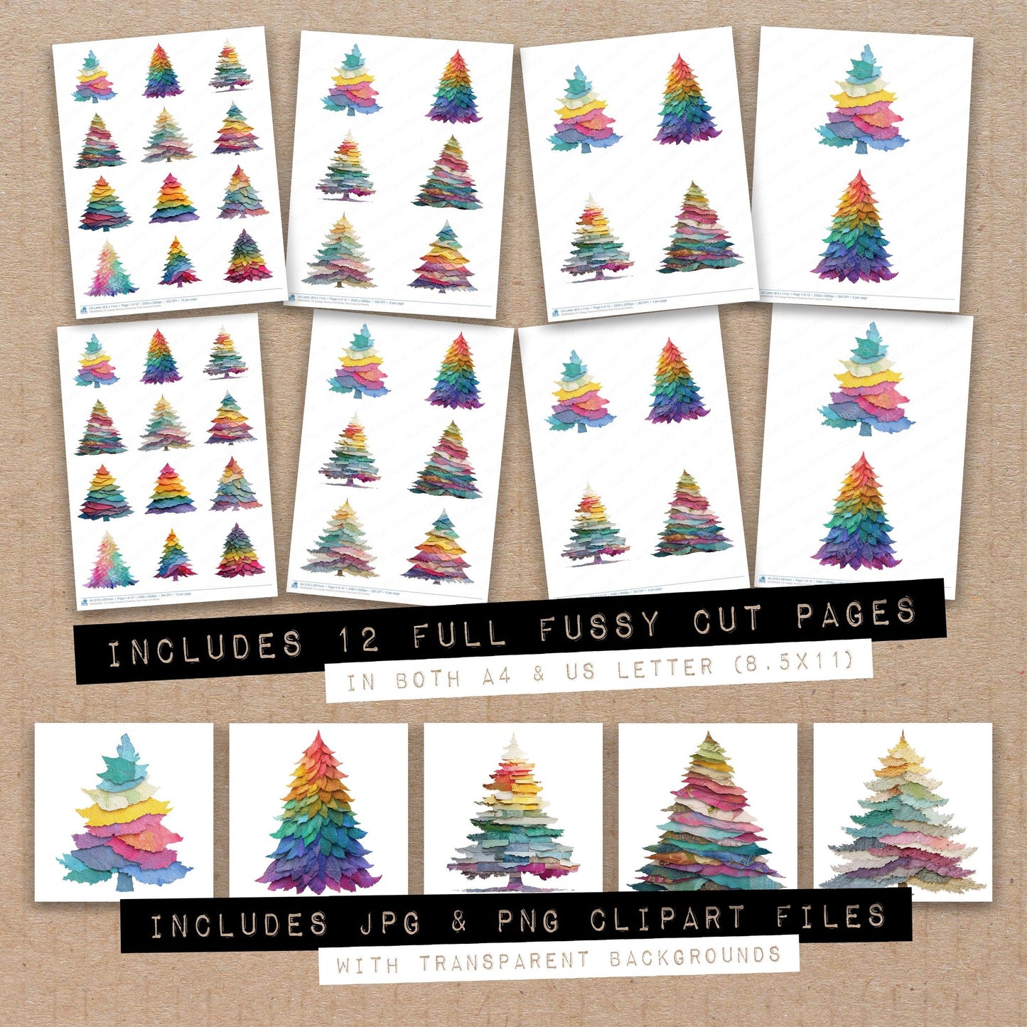 Full collection view of Collage Rainbow Christmas Tree fussy cut sheets with bonus clipart JPG and PNG files
