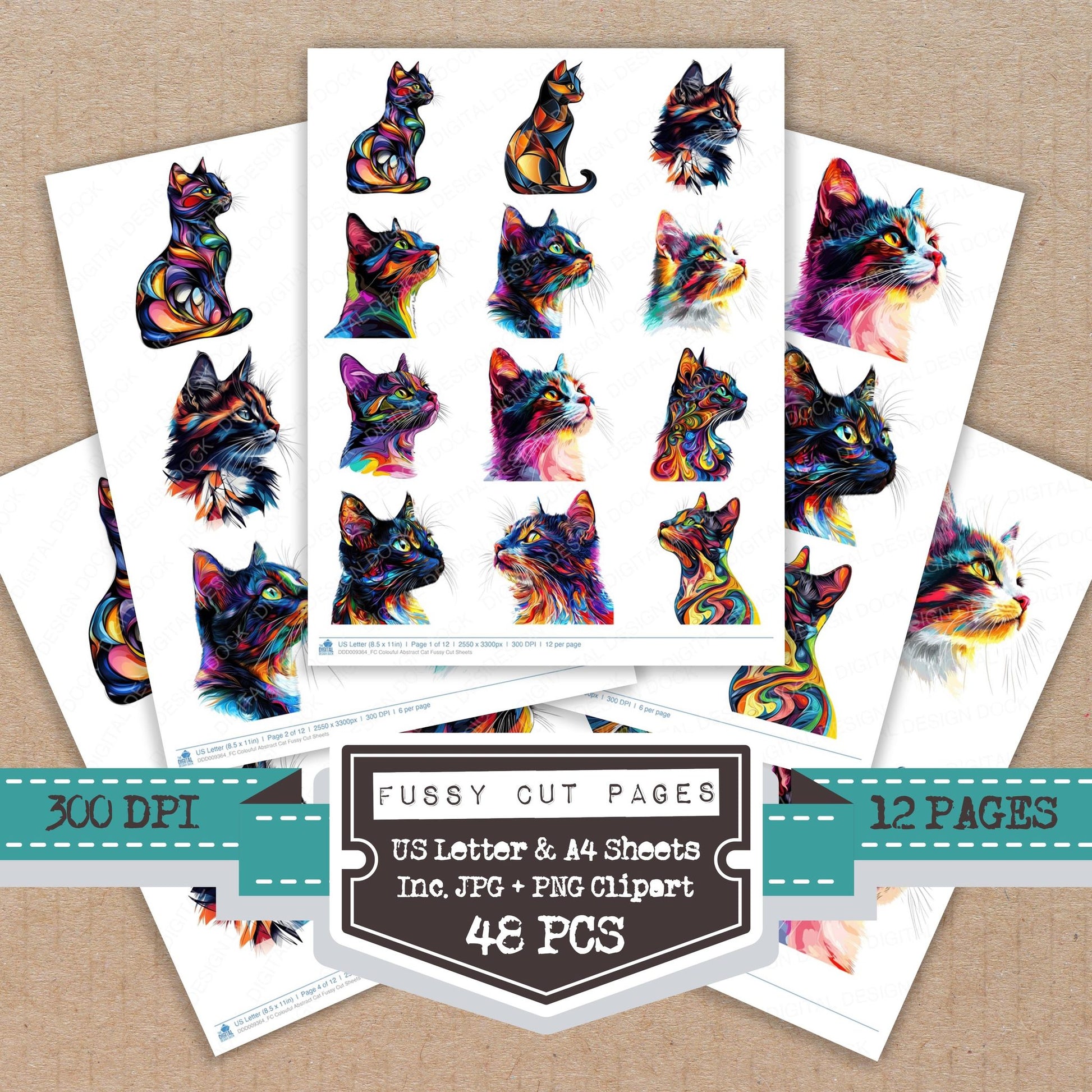 Colouful Abstract Cat fussy cut printable sheets for junk journaling, scrapbooking, and paper craft projects