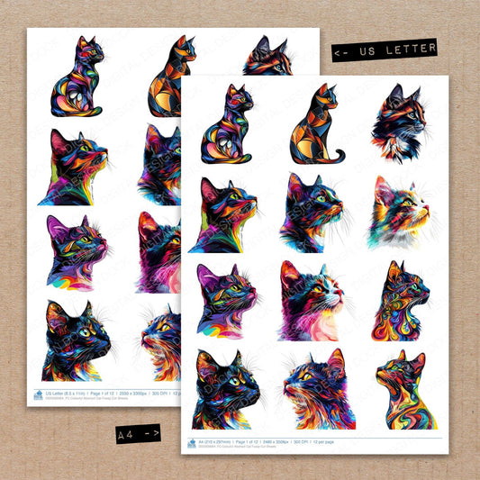 A4 and US Letter format comparison showing Colouful Abstract Cat fussy cut pages for print and cut crafting