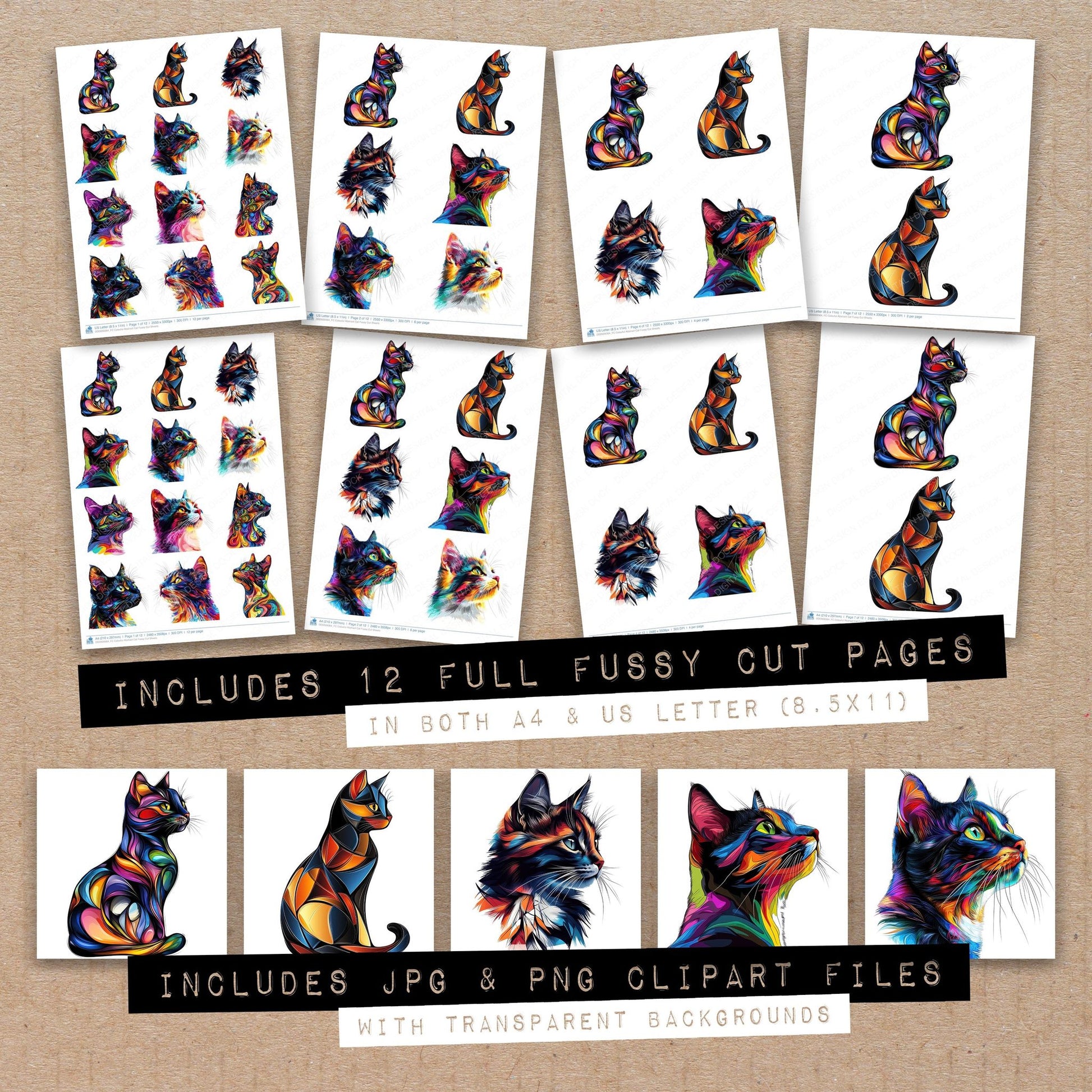 Full collection view of Colouful Abstract Cat fussy cut sheets with bonus clipart JPG and PNG files