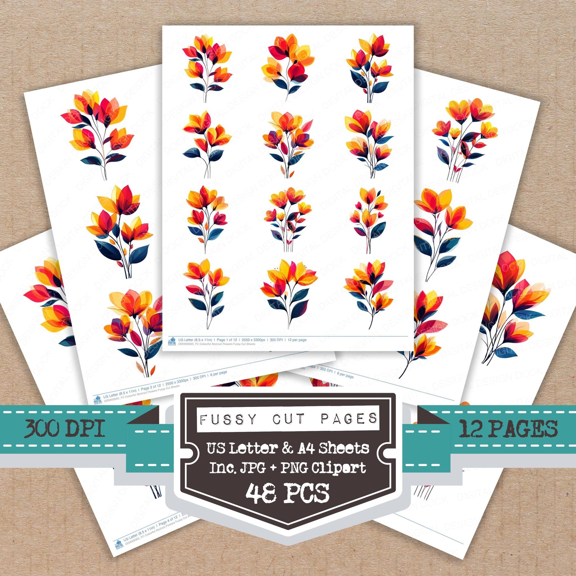 Colourful Abstract Flowers fussy cut printable sheets for junk journaling, scrapbooking, and paper craft projects