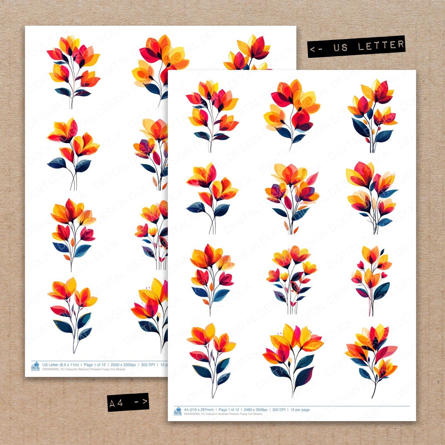 A4 and US Letter format comparison showing Colourful Abstract Flowers fussy cut pages for print and cut crafting