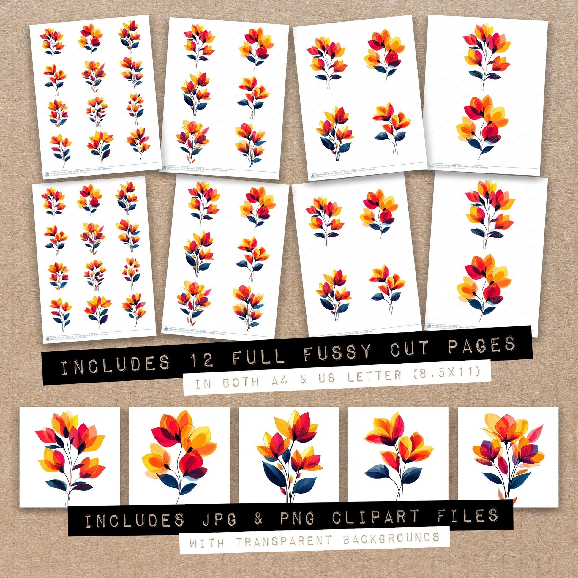 Full collection view of Colourful Abstract Flowers fussy cut sheets with bonus clipart JPG and PNG files