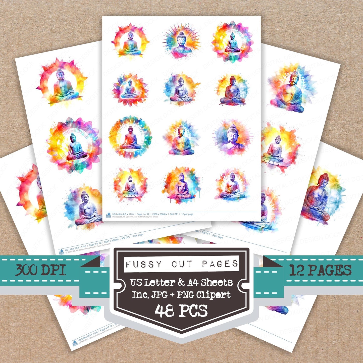 Colourful Aura Buddha fussy cut printable sheets for junk journaling, scrapbooking, and paper craft projects