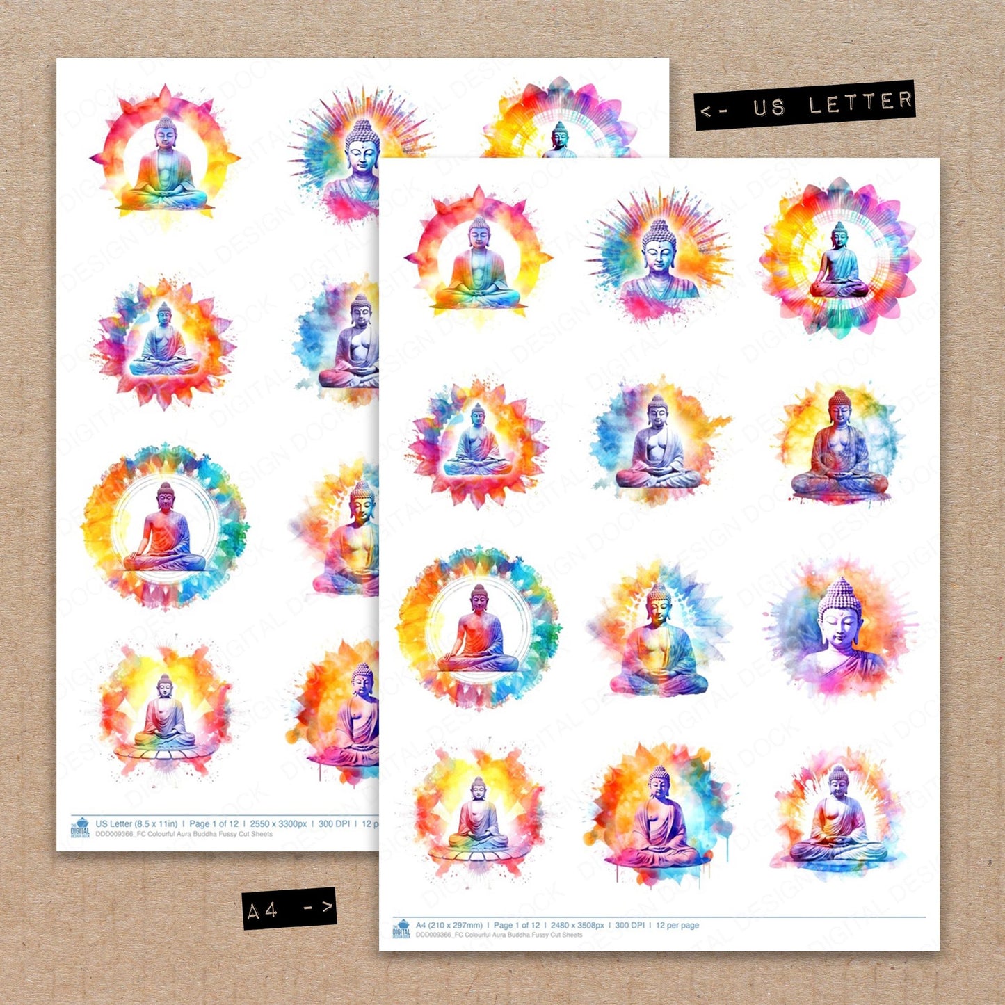 A4 and US Letter format comparison showing Colourful Aura Buddha fussy cut pages for print and cut crafting