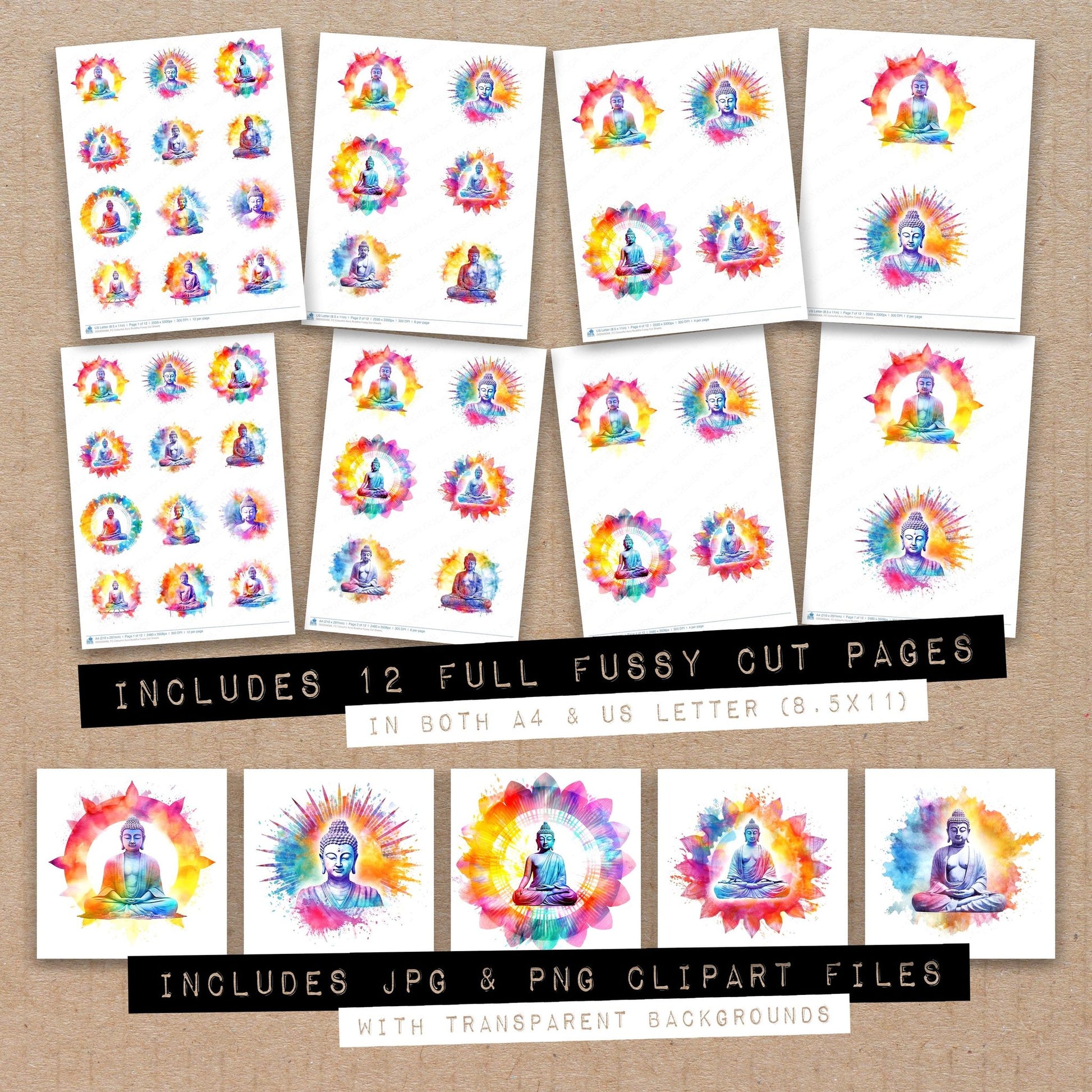 Full collection view of Colourful Aura Buddha fussy cut sheets with bonus clipart JPG and PNG files