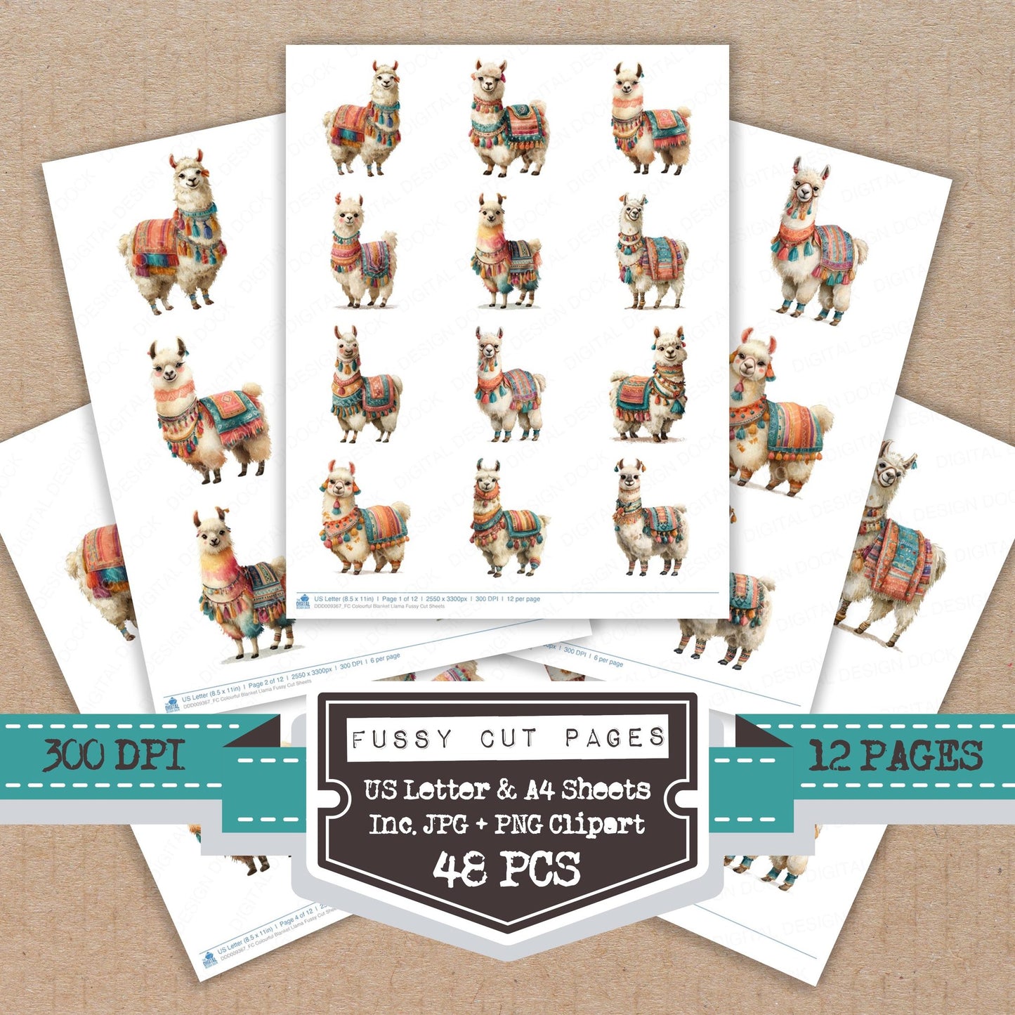 Colourful Blanket Llama fussy cut printable sheets for junk journaling, scrapbooking, and paper craft projects