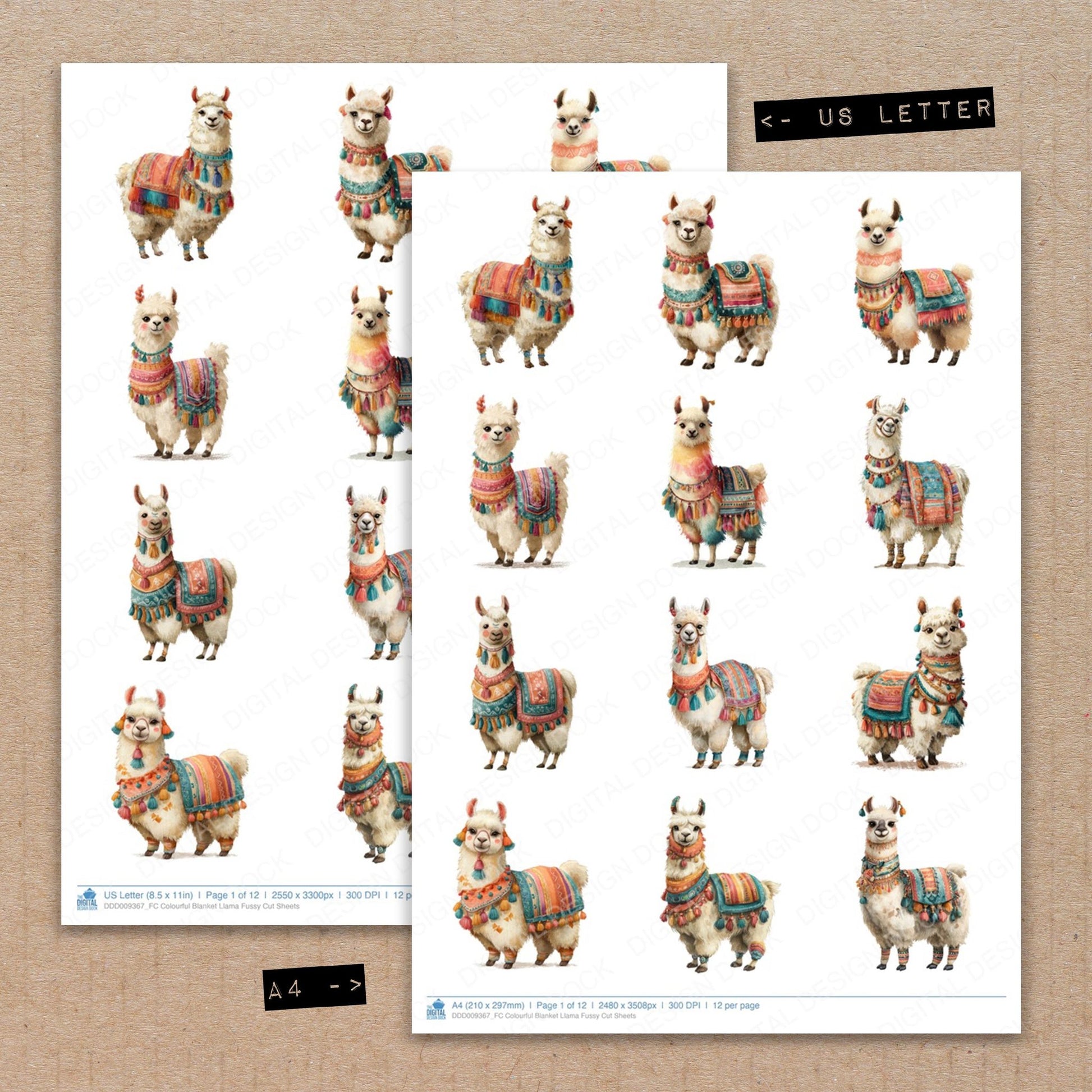 A4 and US Letter format comparison showing Colourful Blanket Llama fussy cut pages for print and cut crafting