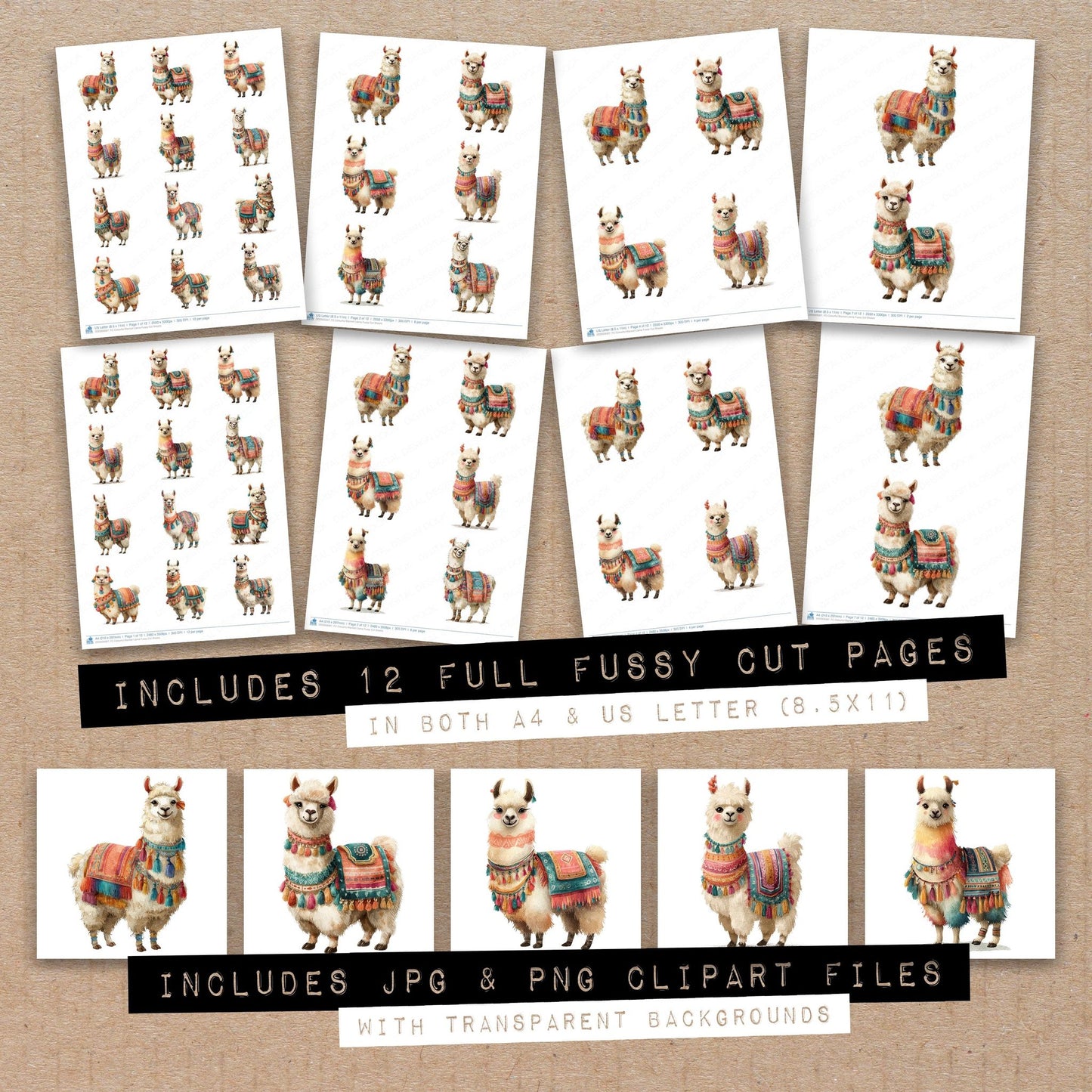 Full collection view of Colourful Blanket Llama fussy cut sheets with bonus clipart JPG and PNG files