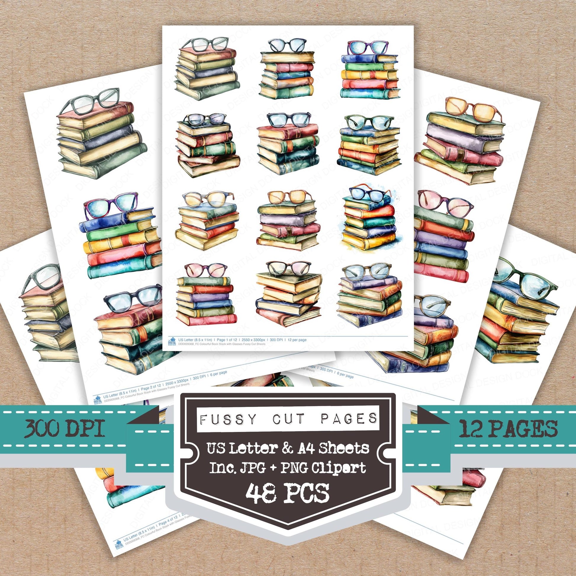 Colourful Book Stack with Glasses fussy cut printable sheets for junk journaling, scrapbooking, and paper craft projects