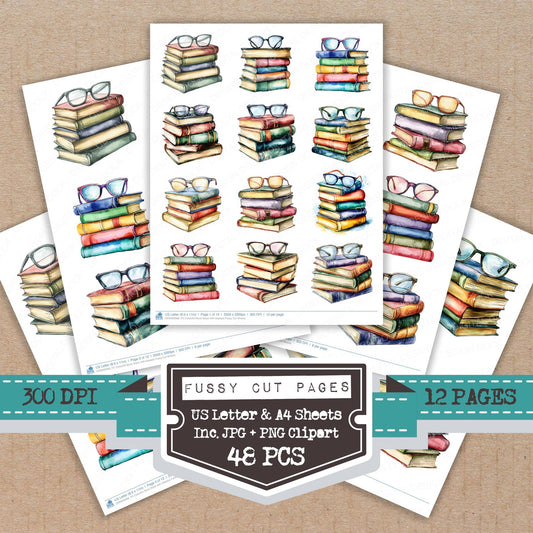 Colourful Book Stack with Glasses fussy cut printable sheets for junk journaling, scrapbooking, and paper craft projects