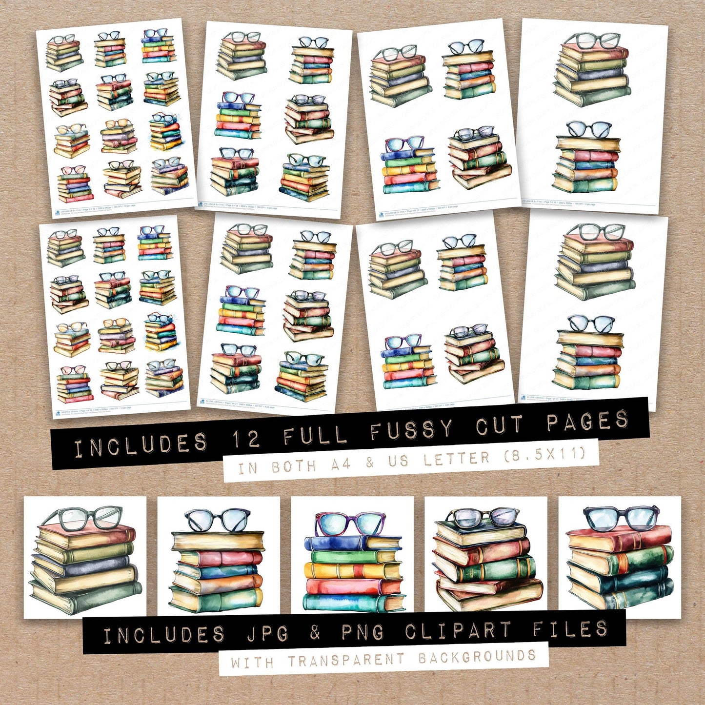 Full collection view of Colourful Book Stack with Glasses fussy cut sheets with bonus clipart JPG and PNG files