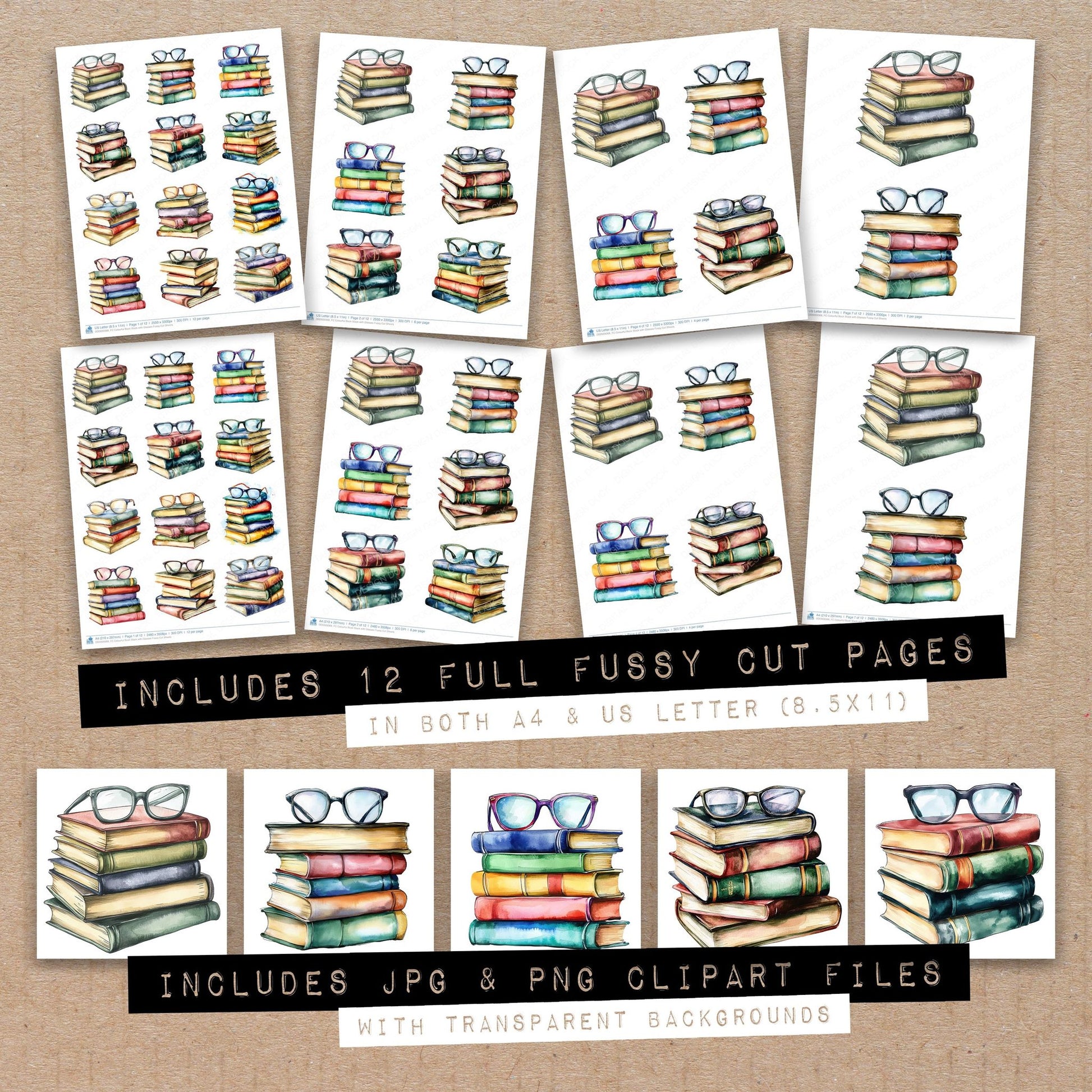 Full collection view of Colourful Book Stack with Glasses fussy cut sheets with bonus clipart JPG and PNG files