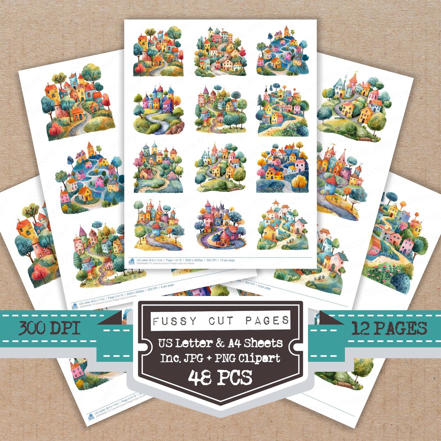 Colourful Cartoon Village fussy cut printable sheets for junk journaling, scrapbooking, and paper craft projects