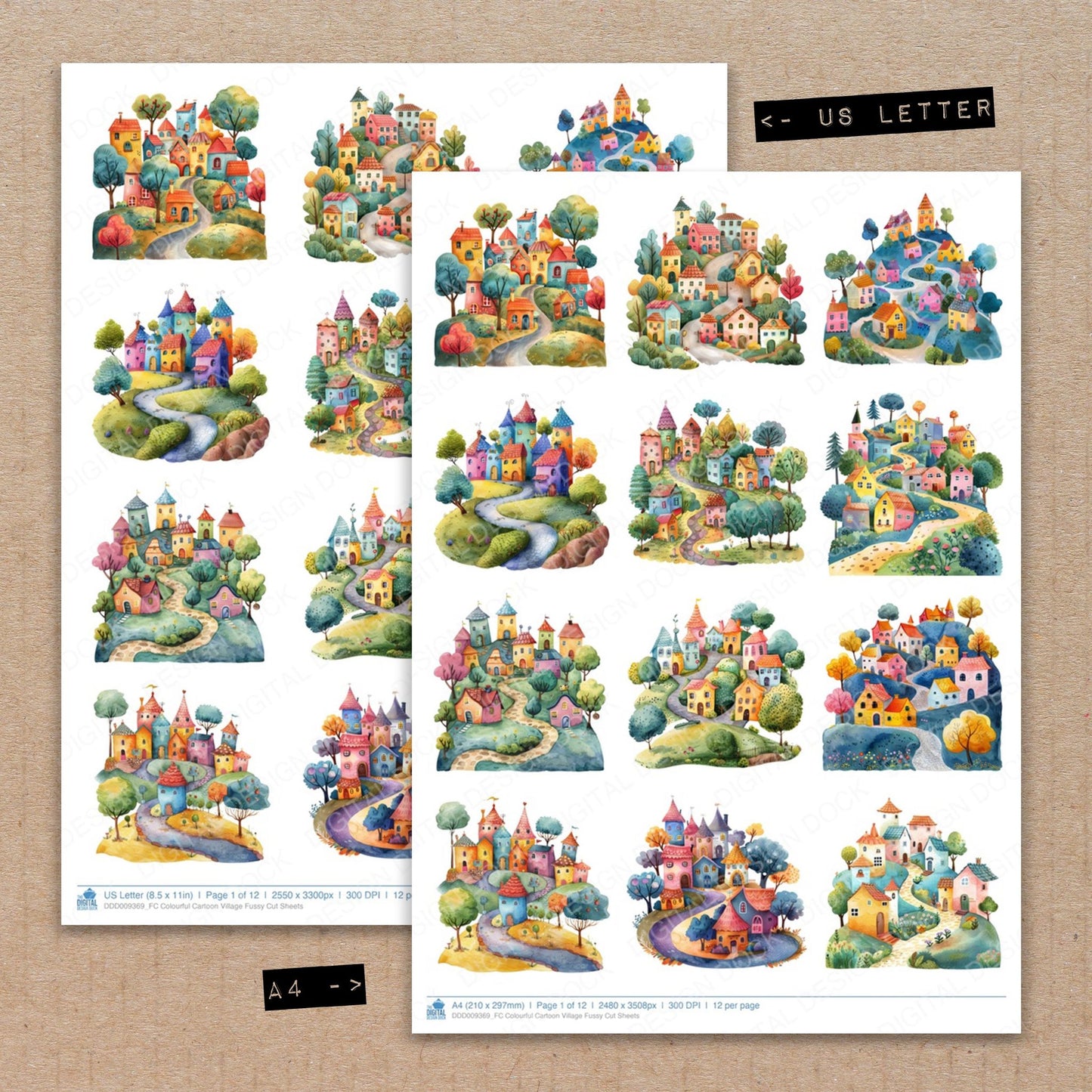 A4 and US Letter format comparison showing Colourful Cartoon Village fussy cut pages for print and cut crafting