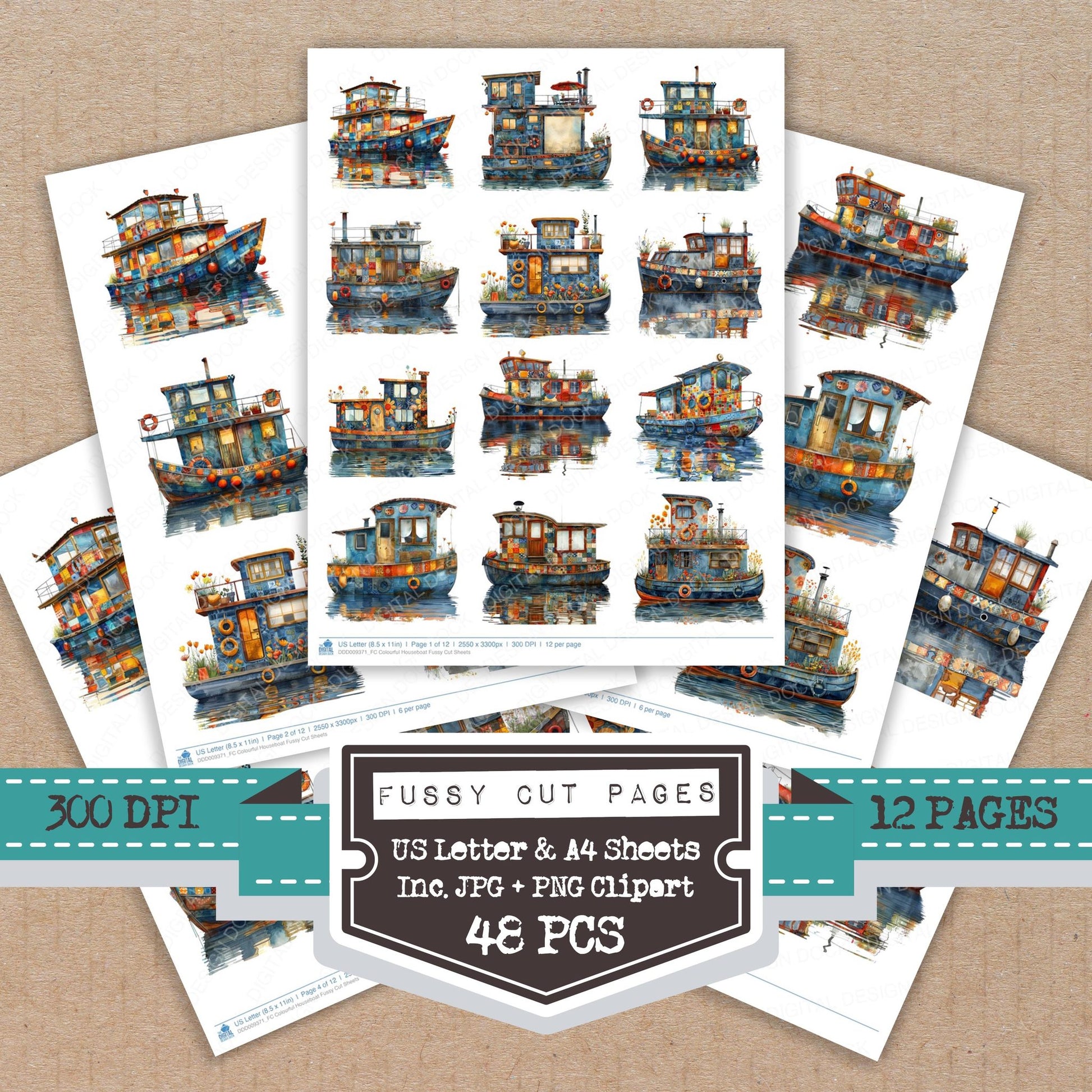 Colourful Houseboat fussy cut printable sheets for junk journaling, scrapbooking, and paper craft projects
