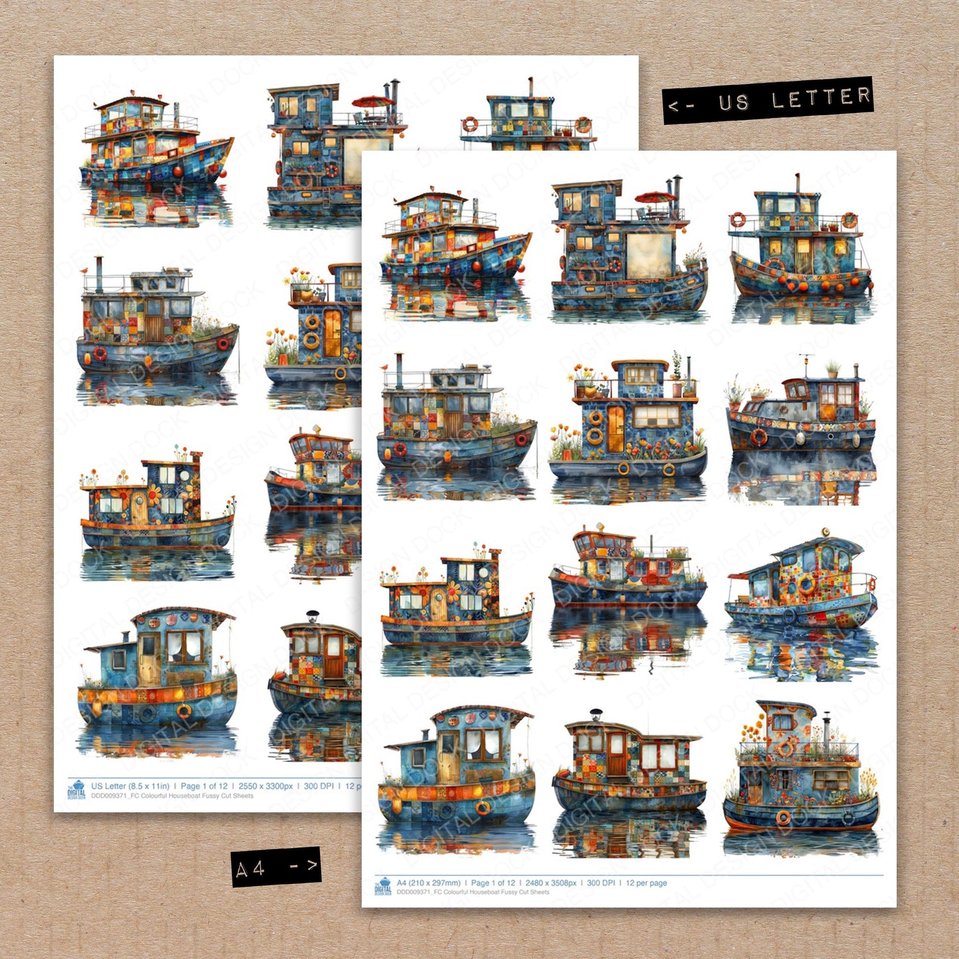 A4 and US Letter format comparison showing Colourful Houseboat fussy cut pages for print and cut crafting