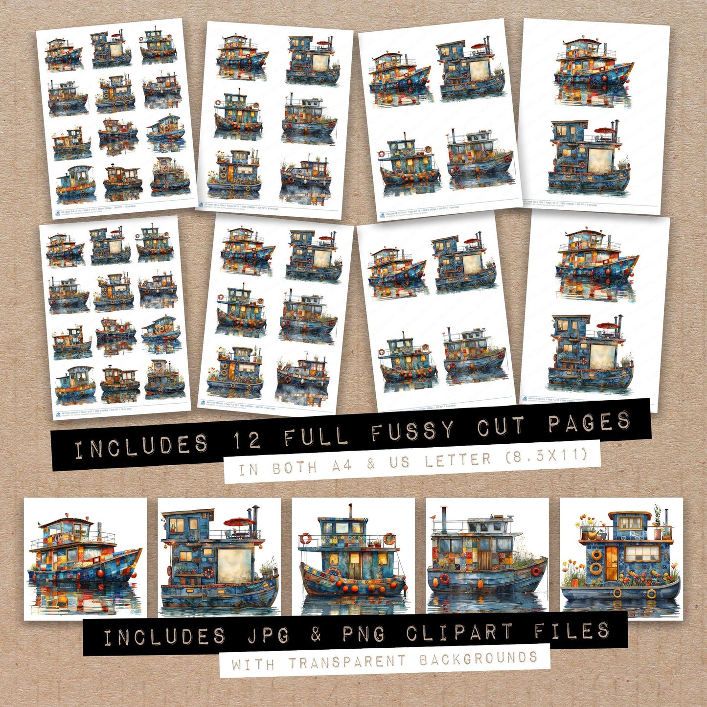 Full collection view of Colourful Houseboat fussy cut sheets with bonus clipart JPG and PNG files