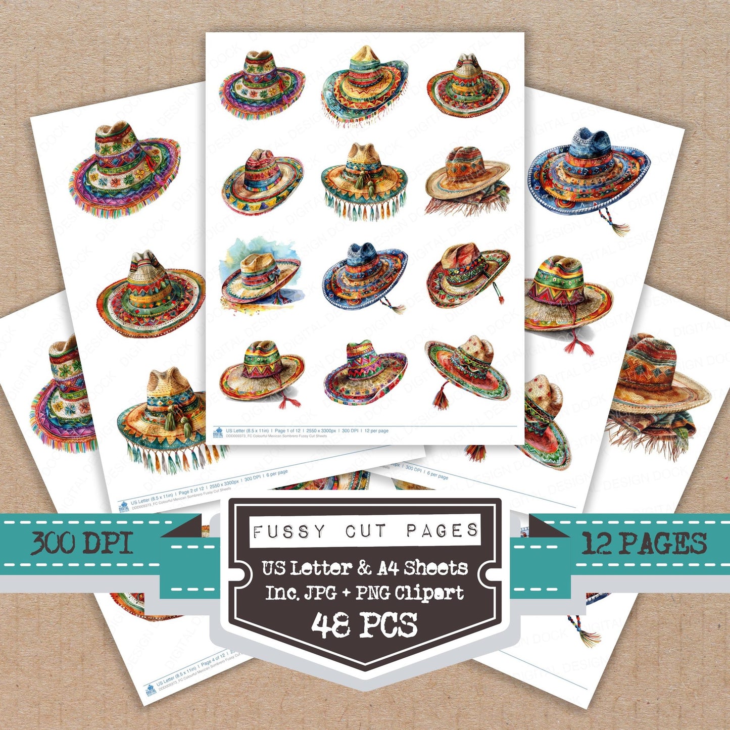 Colourful Mexican Sombrero fussy cut printable sheets for junk journaling, scrapbooking, and paper craft projects