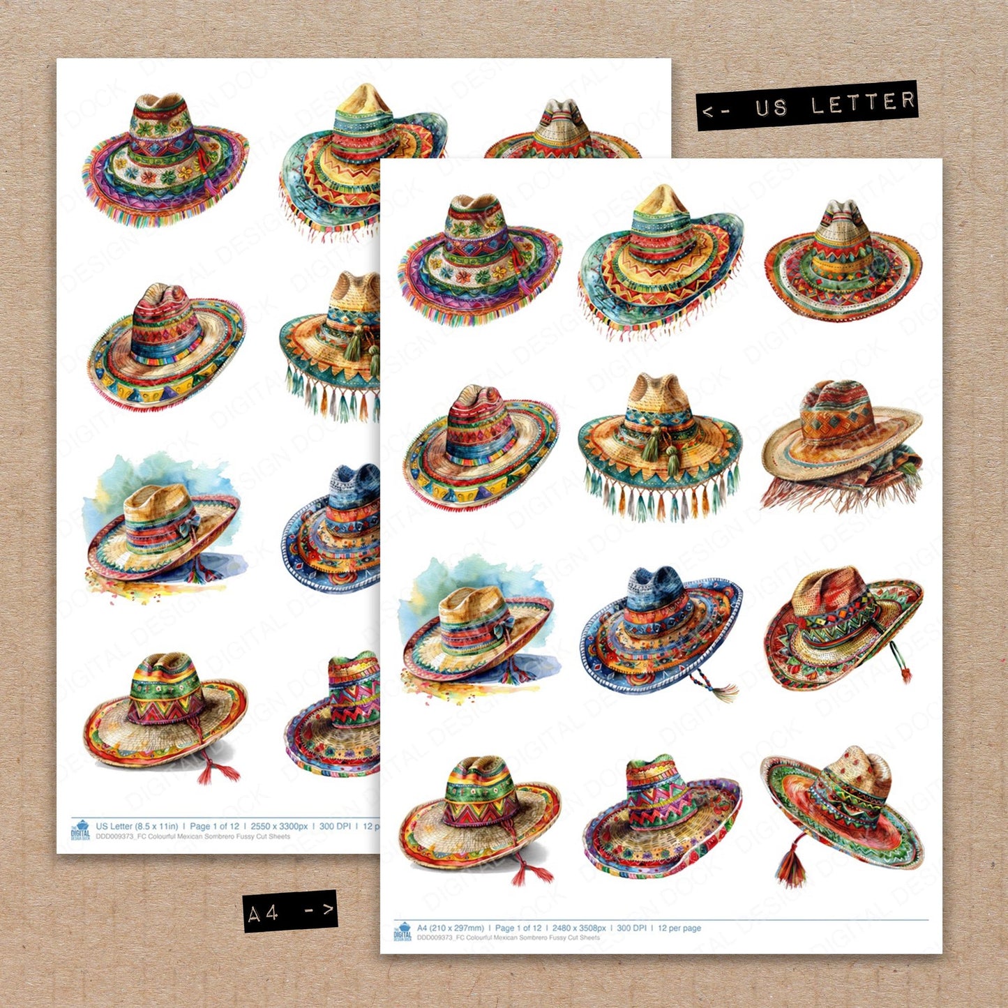 A4 and US Letter format comparison showing Colourful Mexican Sombrero fussy cut pages for print and cut crafting