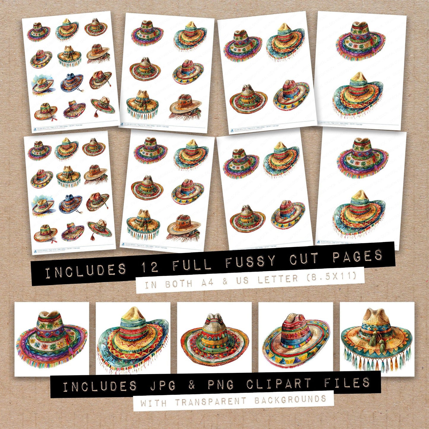 Full collection view of Colourful Mexican Sombrero fussy cut sheets with bonus clipart JPG and PNG files