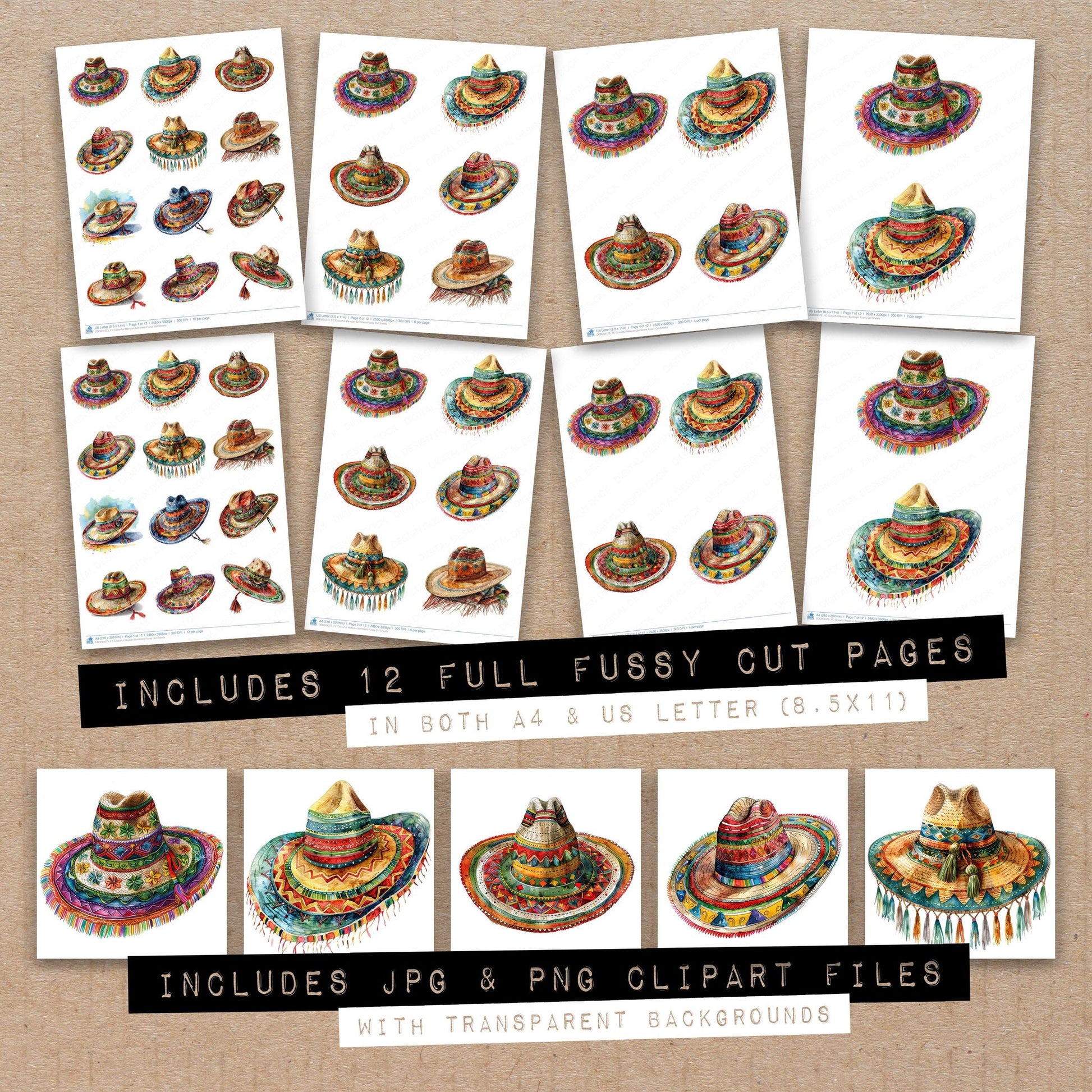 Full collection view of Colourful Mexican Sombrero fussy cut sheets with bonus clipart JPG and PNG files
