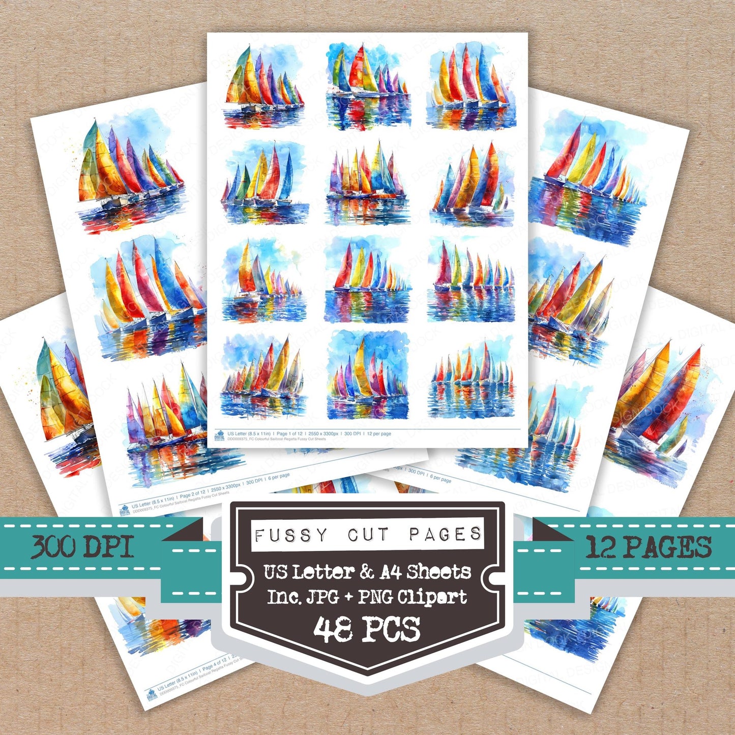 Colourful Sailboat Regatta fussy cut printable sheets for junk journaling, scrapbooking, and paper craft projects