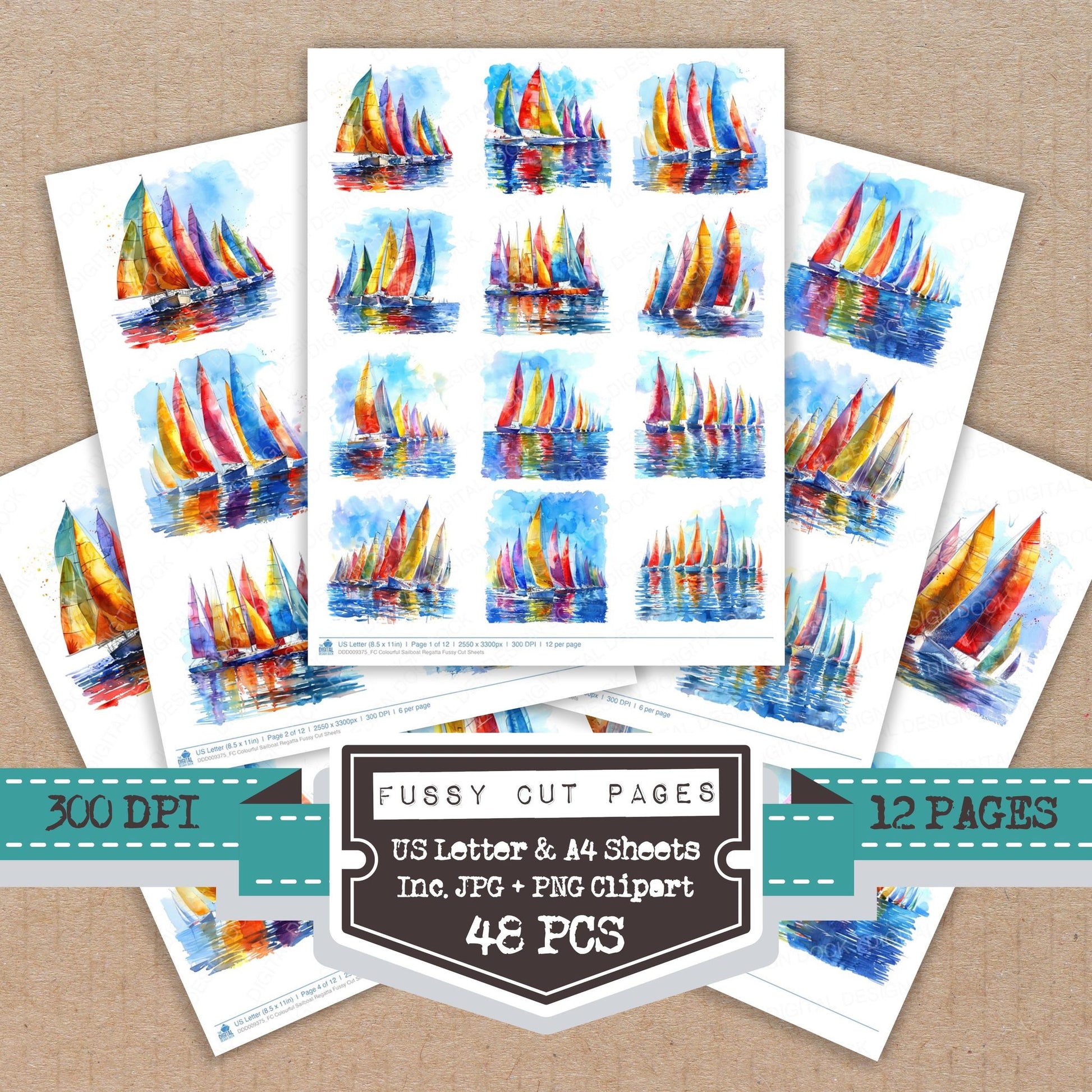 Colourful Sailboat Regatta fussy cut printable sheets for junk journaling, scrapbooking, and paper craft projects