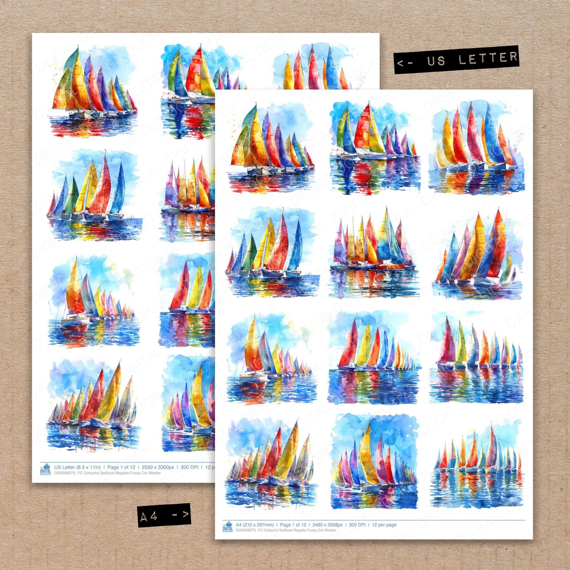 A4 and US Letter format comparison showing Colourful Sailboat Regatta fussy cut pages for print and cut crafting