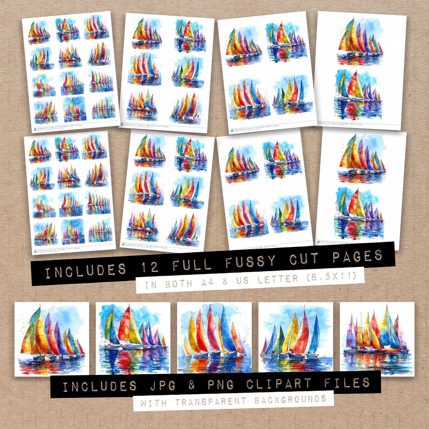 Full collection view of Colourful Sailboat Regatta fussy cut sheets with bonus clipart JPG and PNG files