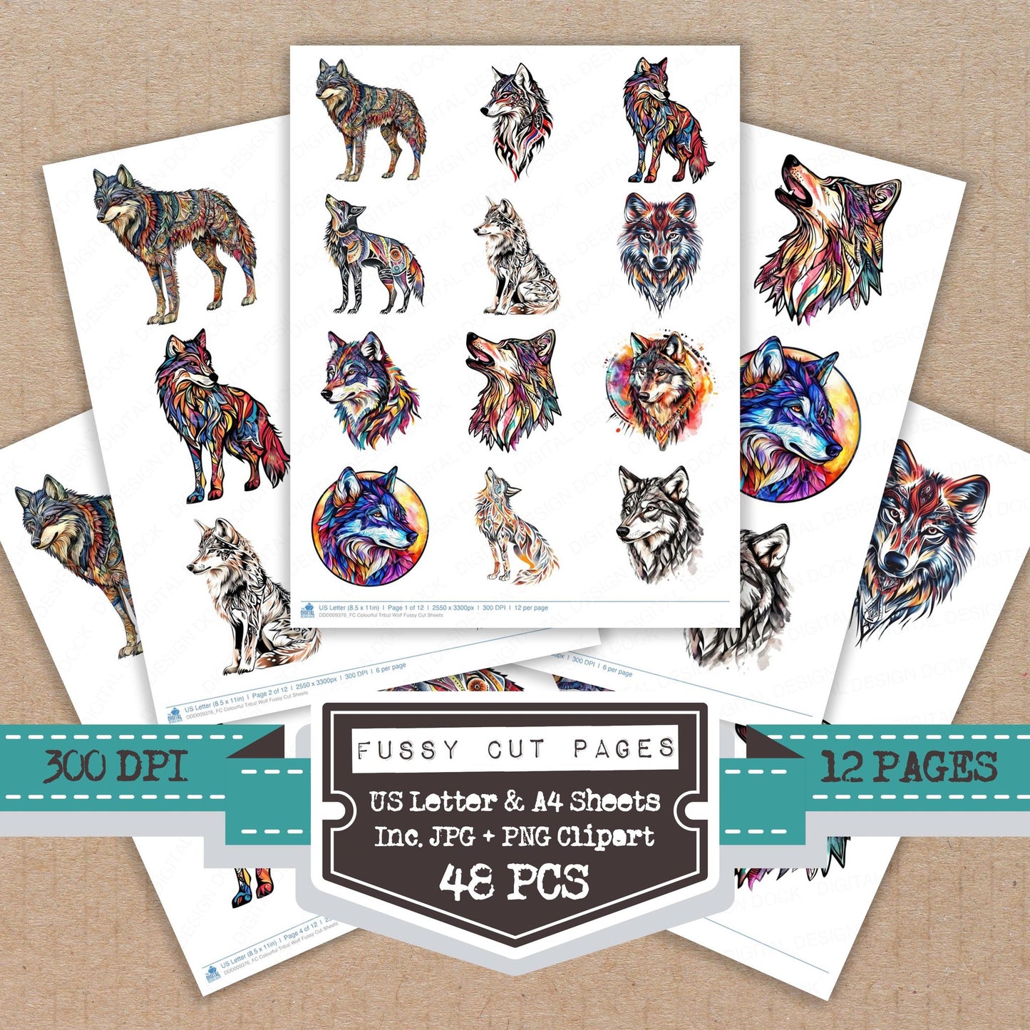Colourful Tribal Wolf fussy cut printable sheets for junk journaling, scrapbooking, and paper craft projects