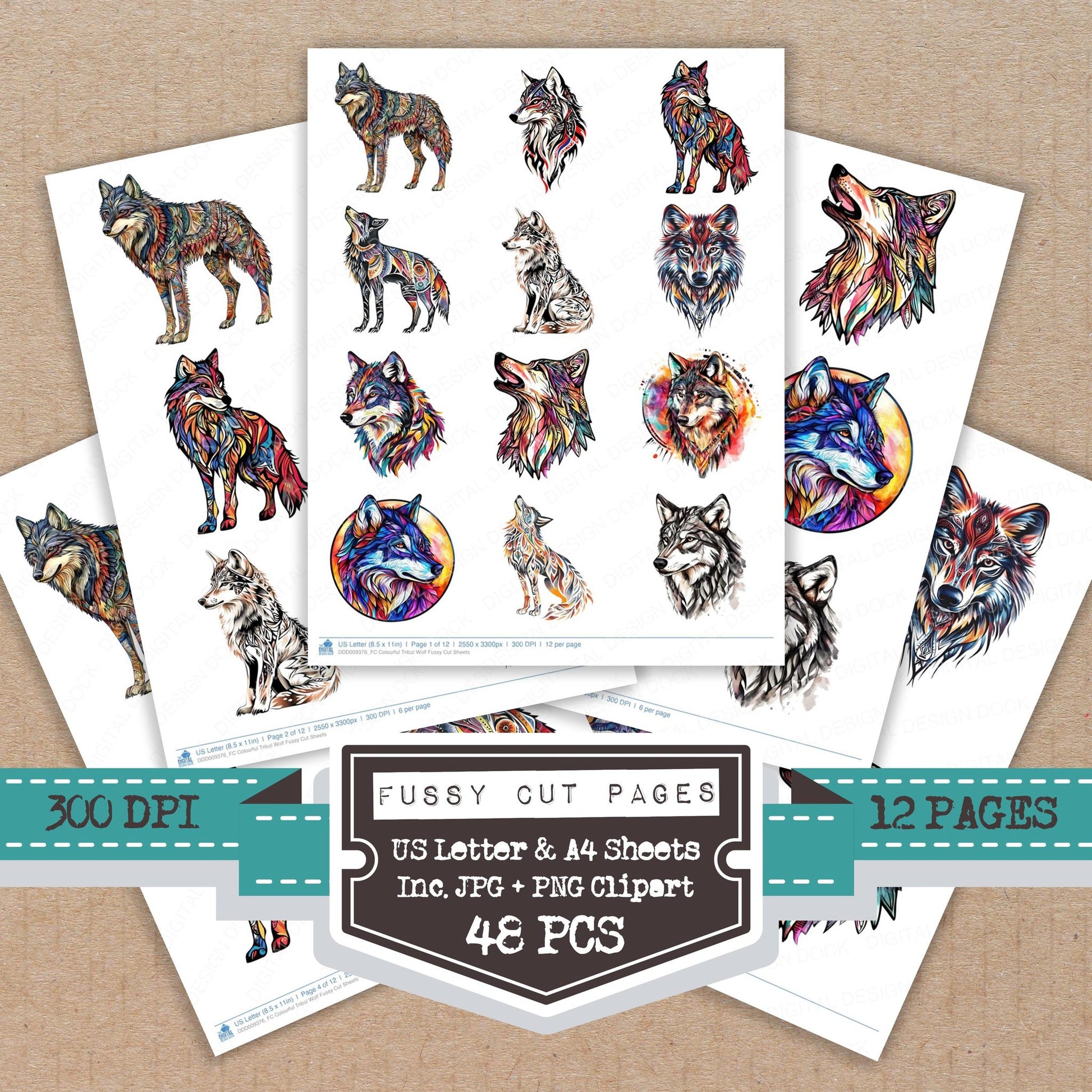 Colourful Tribal Wolf fussy cut printable sheets for junk journaling, scrapbooking, and paper craft projects