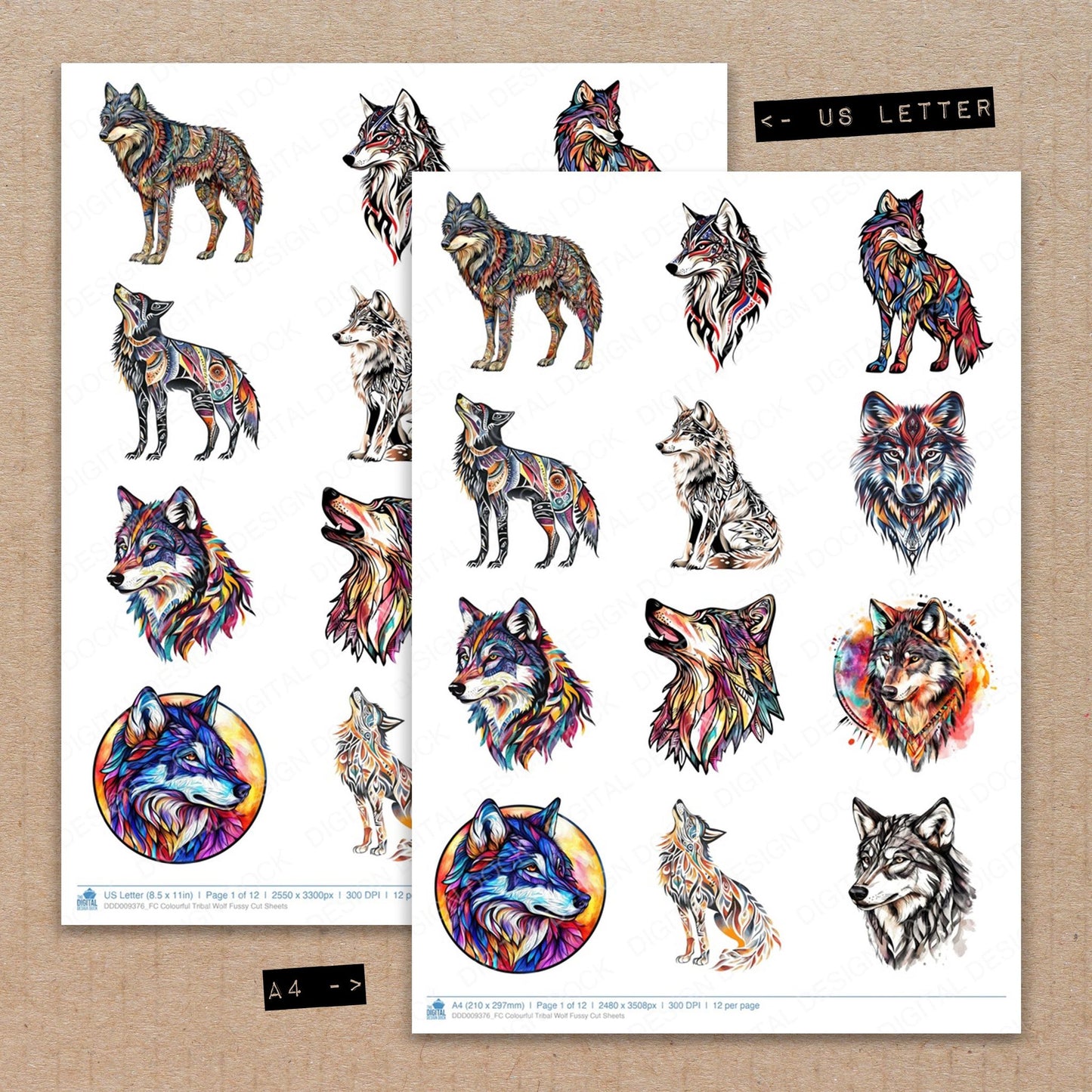 A4 and US Letter format comparison showing Colourful Tribal Wolf fussy cut pages for print and cut crafting
