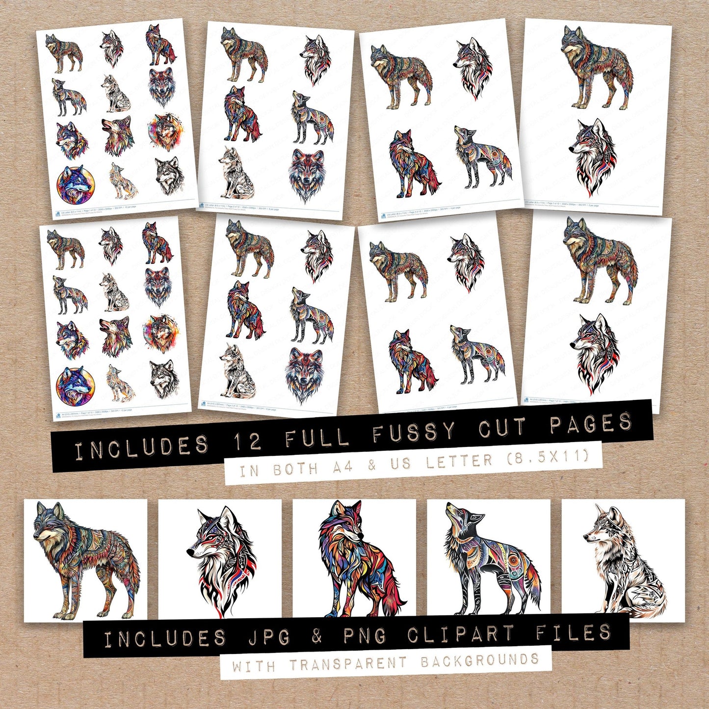 Full collection view of Colourful Tribal Wolf fussy cut sheets with bonus clipart JPG and PNG files