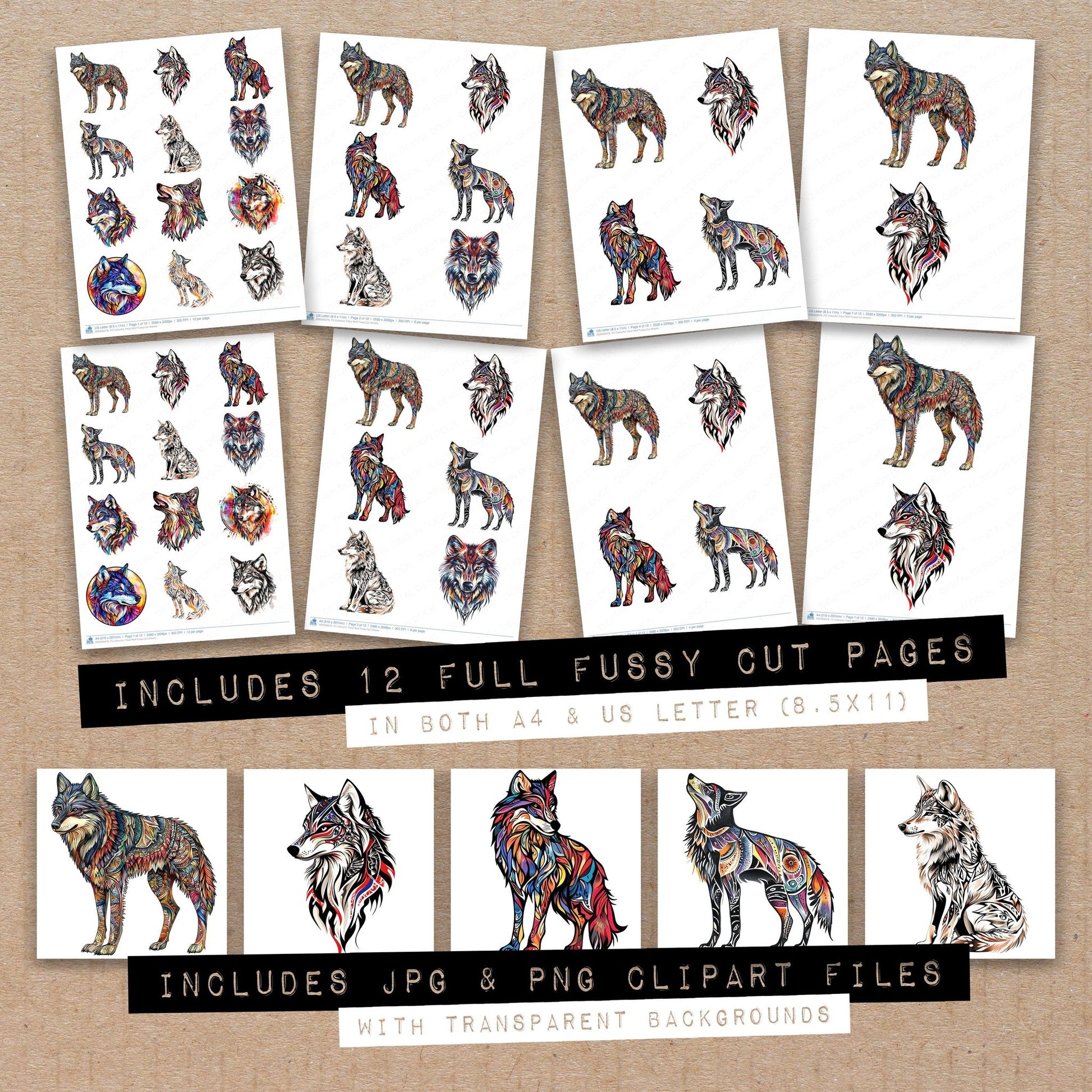 Full collection view of Colourful Tribal Wolf fussy cut sheets with bonus clipart JPG and PNG files
