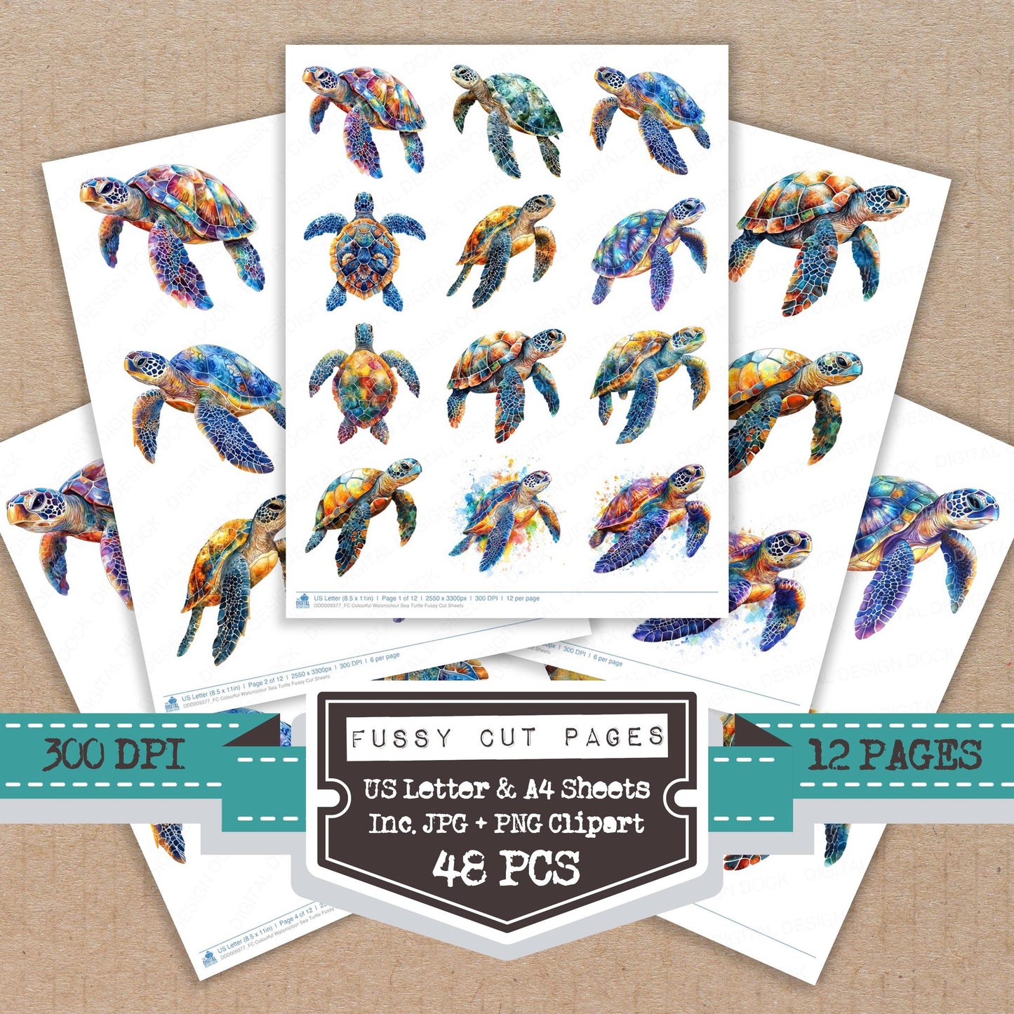 Colourful Watercolour Sea Turtle fussy cut printable sheets for junk journaling, scrapbooking, and paper craft projects