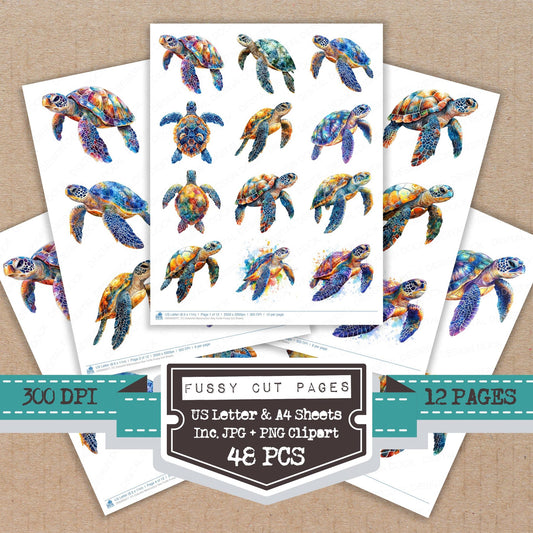 Colourful Watercolour Sea Turtle fussy cut printable sheets for junk journaling, scrapbooking, and paper craft projects