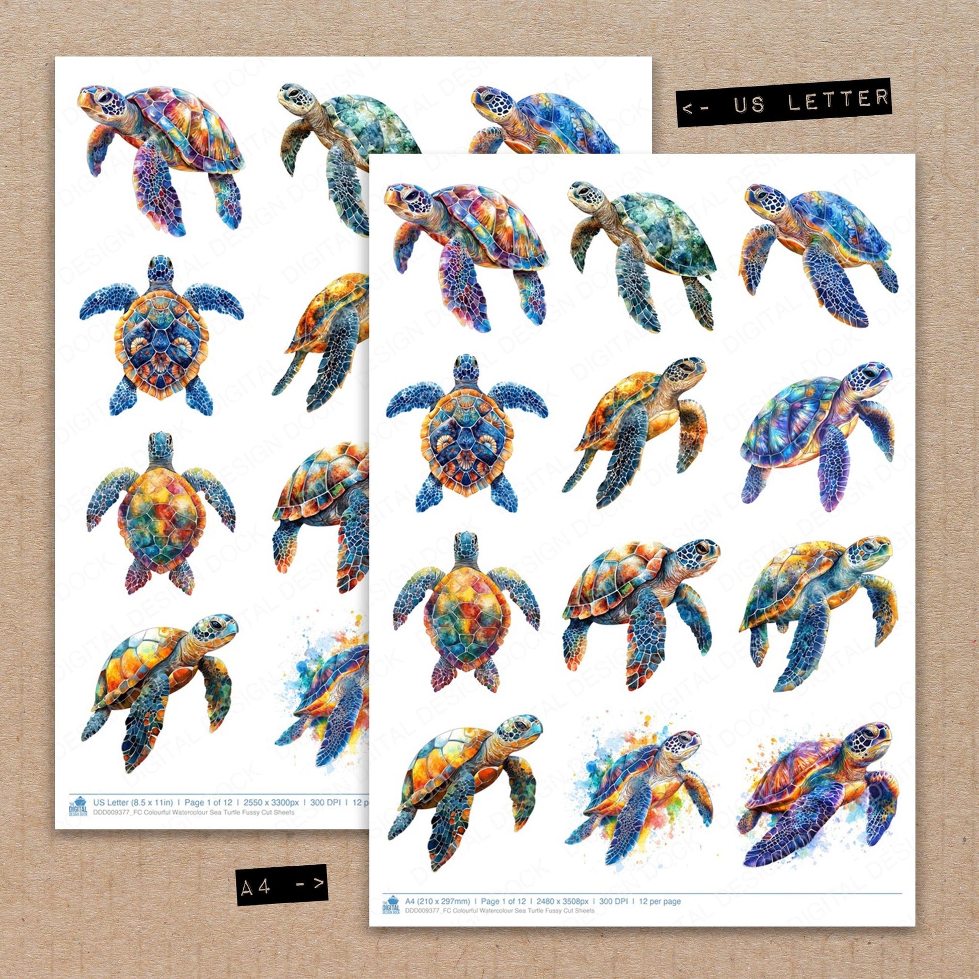 A4 and US Letter format comparison showing Colourful Watercolour Sea Turtle fussy cut pages for print and cut crafting