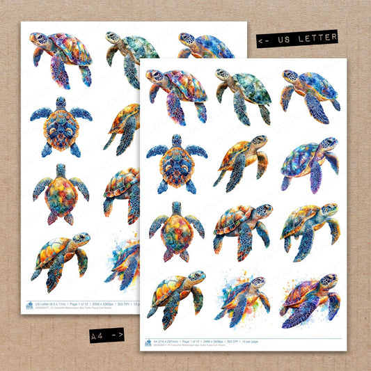 A4 and US Letter format comparison showing Colourful Watercolour Sea Turtle fussy cut pages for print and cut crafting